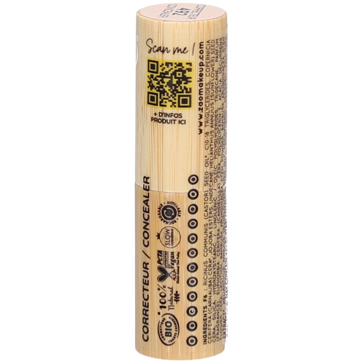 Concealer stick van bamboe. Opschrift ZAO, CORRECTEUR / CONCEALER. Bio-certificering. QR-code. Vegan.