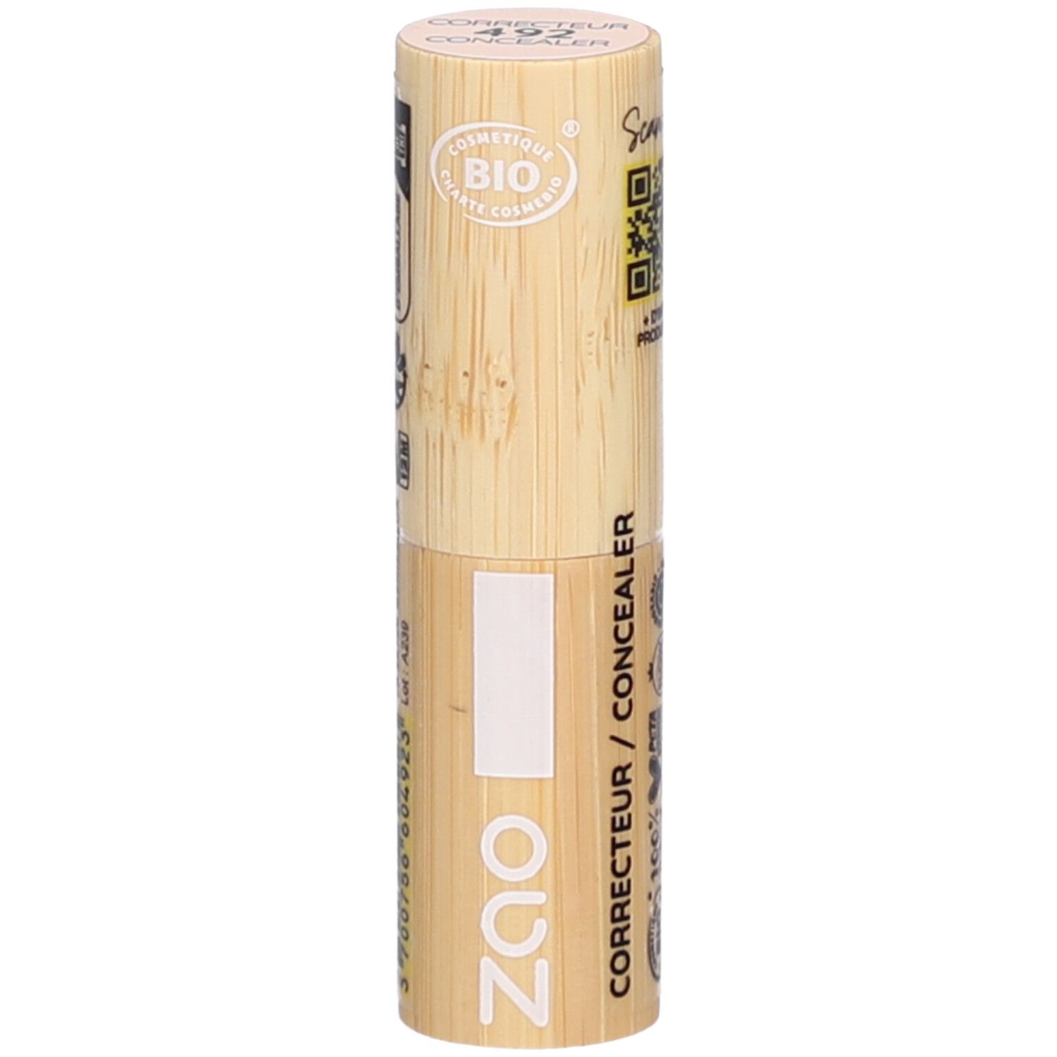 Concealer stick van bamboe. Opschrift ZAO, CORRECTEUR / CONCEALER. Bio-certificering. QR-code.