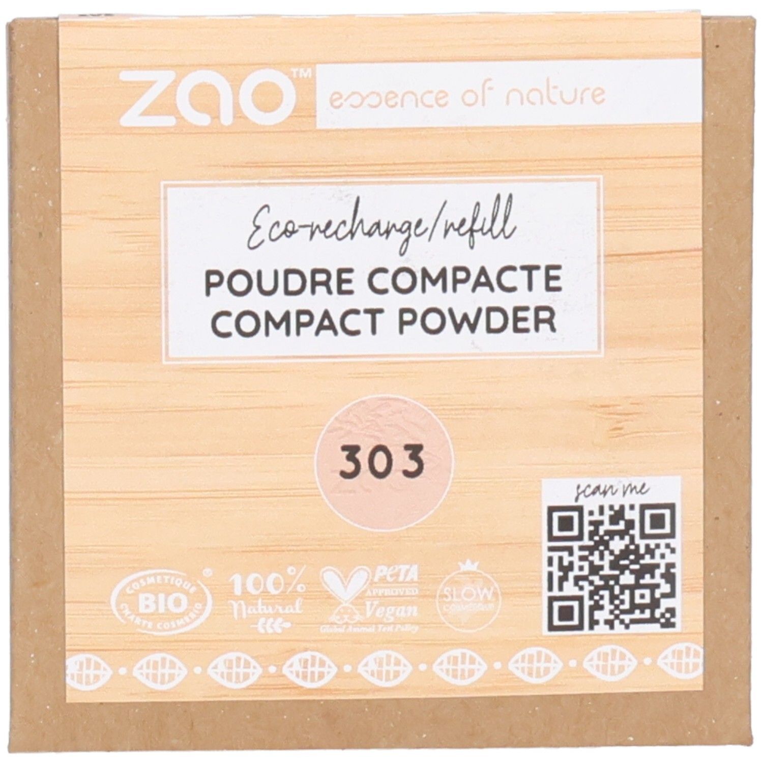 Compact poeder navulling in kartonnen verpakking. Tekst: ZAO, Eco-recharge, Poudre compacte, 303. Bio-logo's en QR-code.