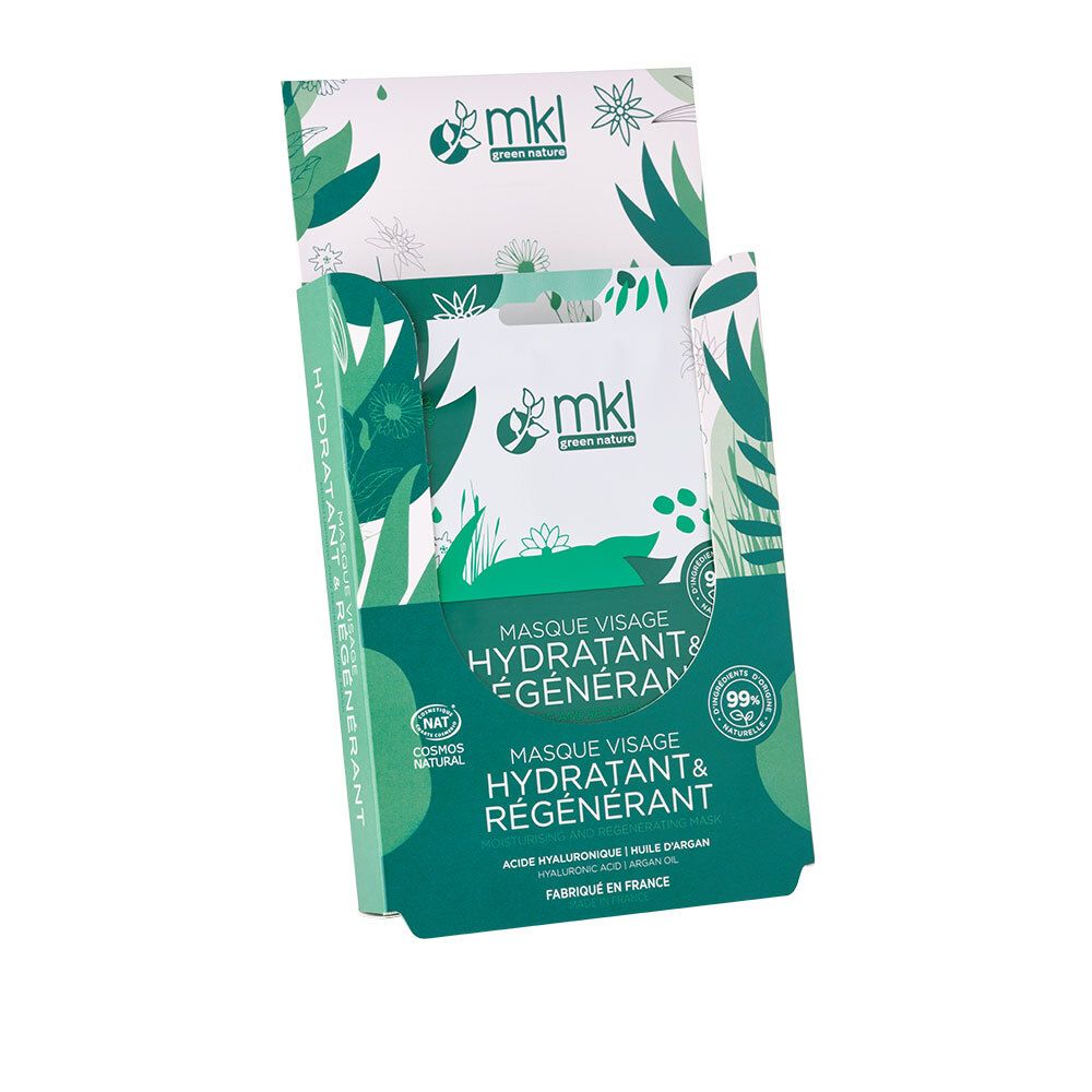 Boîte contenant des masques faciaux. Contient plusieurs emballages de masques verts avec du texte blanc. Affiche "MKL Green Nature" et le nom du produit.