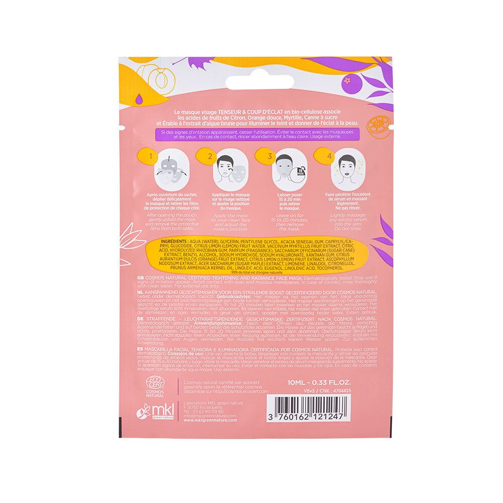 Achterkant van het gezichtsmasker. Illustraties voor gebruik. Ingrediënten en instructies. Tekst: 10ml - 0.33 fl.oz. MKL-logo. Cosmos Natural-certificering.