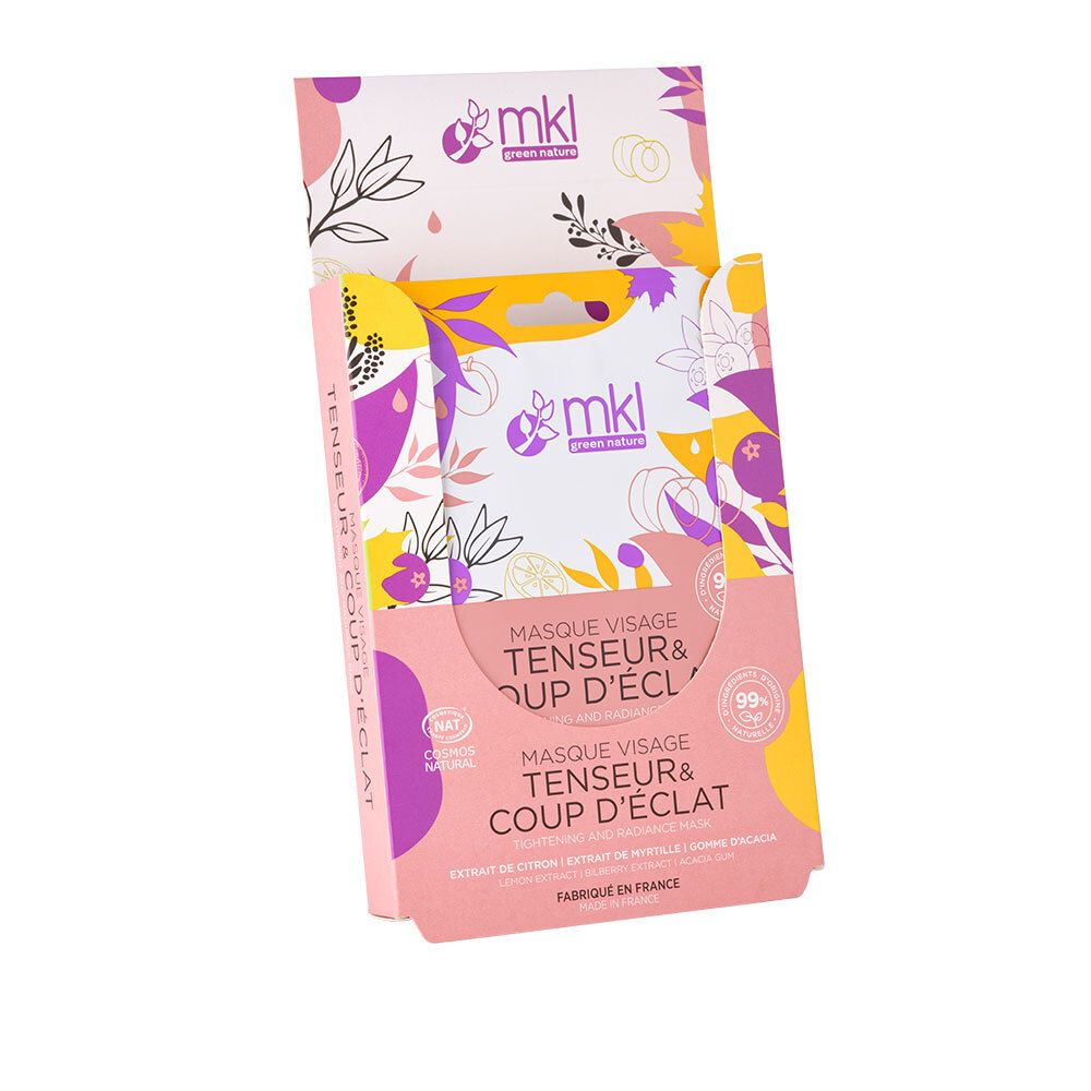 Verpakking met twee gezichtsmaskers. Roze en geel design. Tekst: Masque Visage Tenseur & Coup d'éclat. MKL-logo. Cosmos Natural-certificering. Gemaakt in Frankrijk.