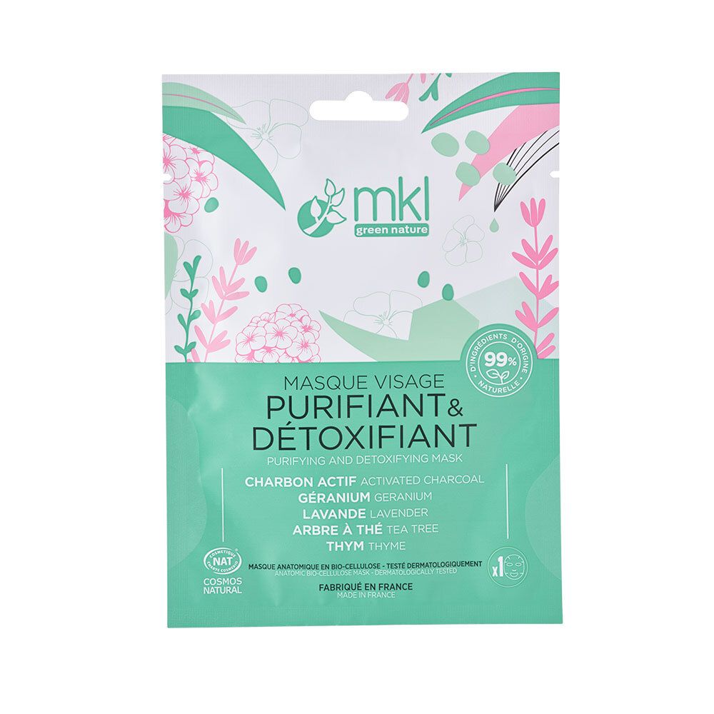Sachet de masque visage MKL. Ingrédients: charbon actif, géranium, lavande, arbre à thé, thym. Inscription: Masque Visage Purifiant & Détoxifiant.