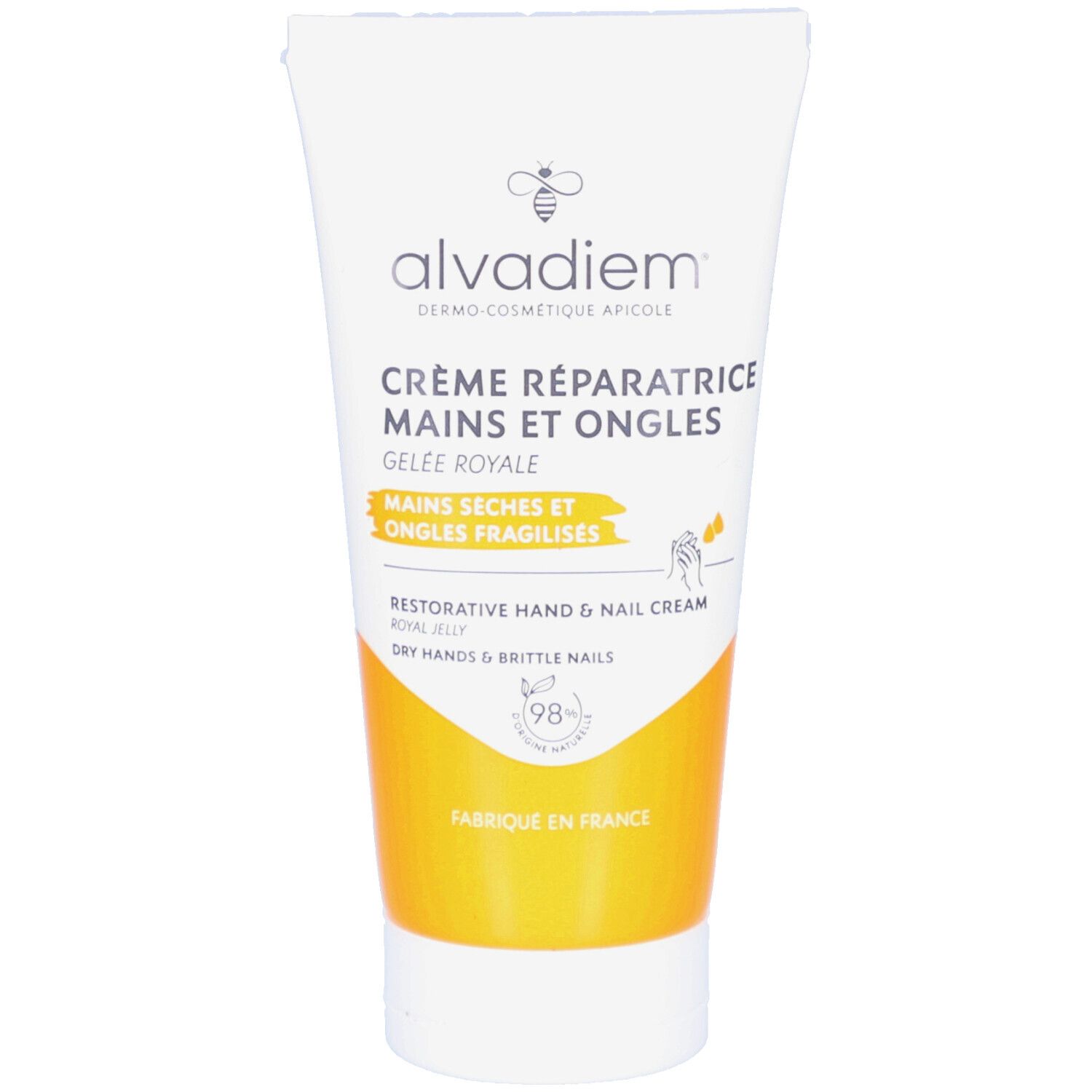 Tube de crème blanc et jaune. Inscription: ALVADIEM, Crème Réparatrice Mains et Ongles, Gelée Royale. Pour mains sèches et ongles fragilisés.
