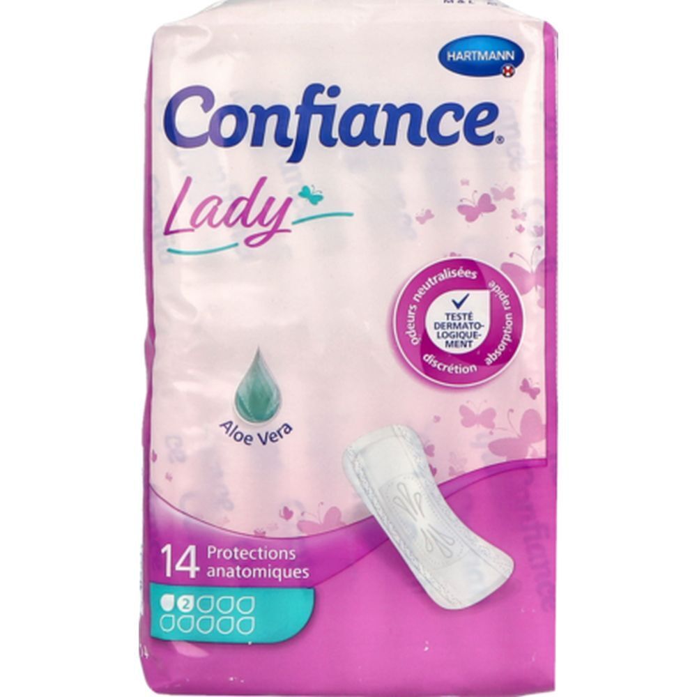 Verpakking Hartmann Confiance Lady Anatomische Bescherming. 14 stuks, Aloe Vera-logo, roze ontwerp.