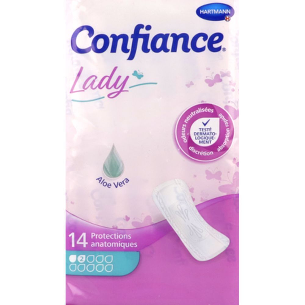 Verpakking Hartmann Confiance Lady Anatomische Bescherming. 14 stuks, Aloe Vera-logo, roze ontwerp.