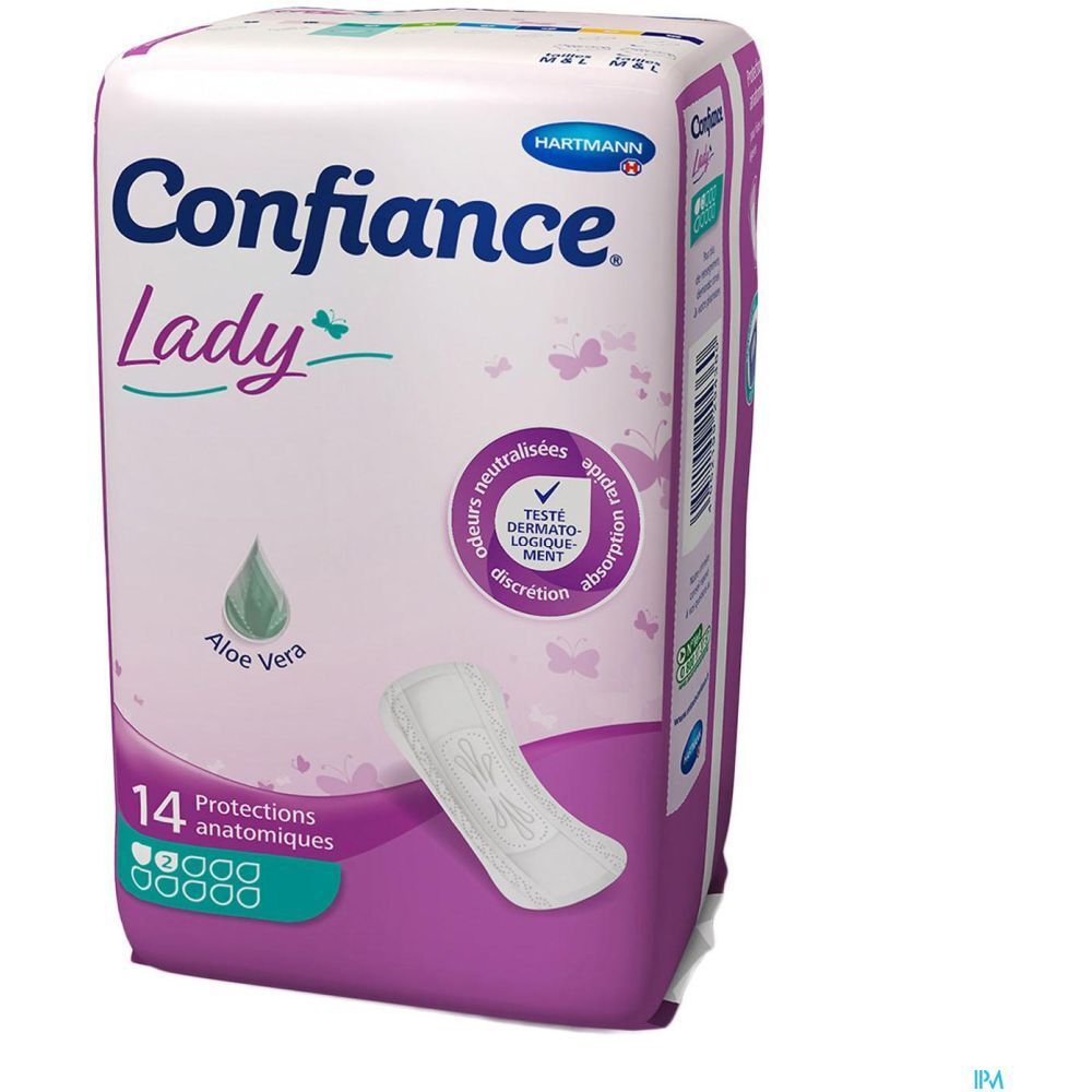 Verpakking Hartmann Confiance Lady Anatomische Bescherming. 14 stuks, Aloe Vera-logo, roze ontwerp.