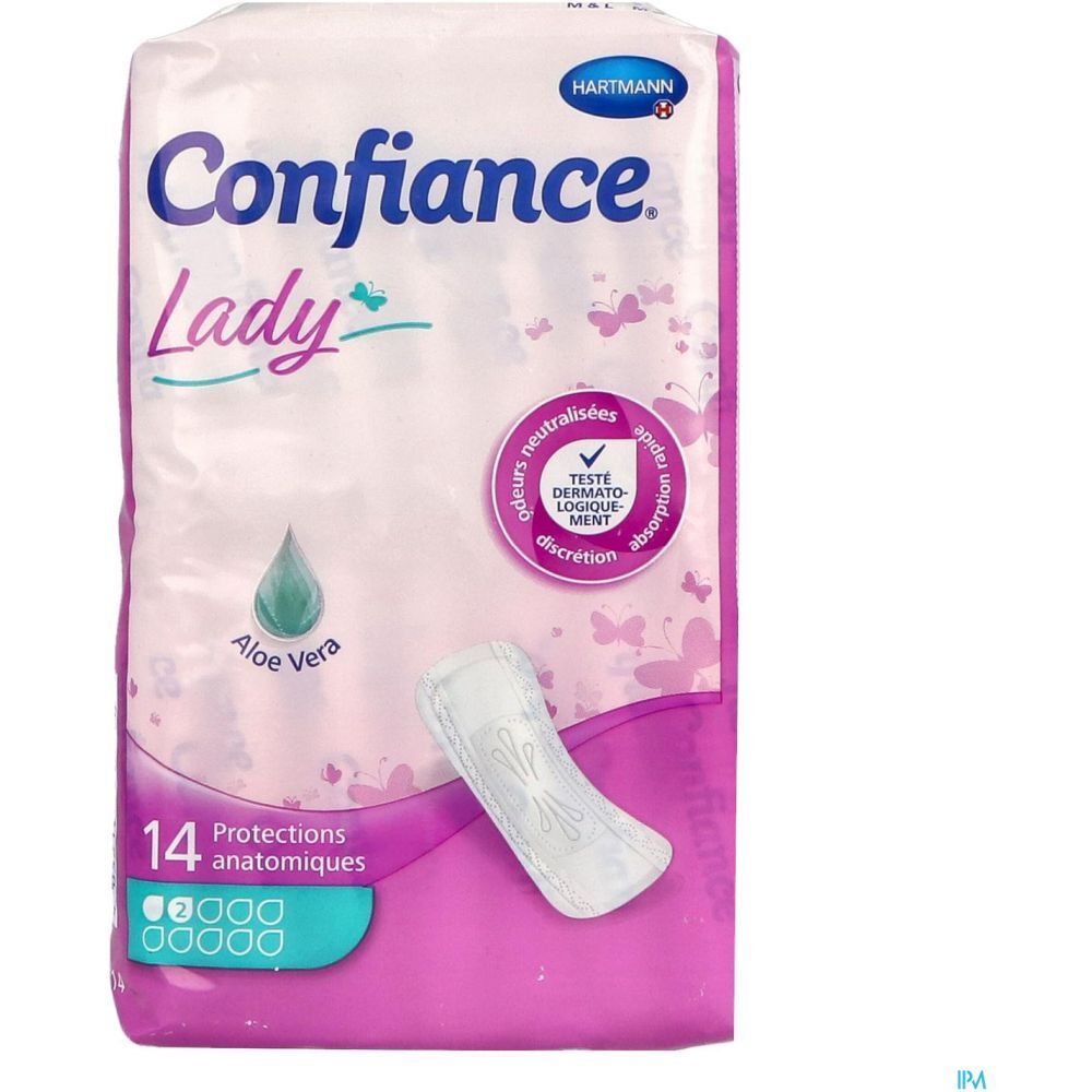 Verpakking Hartmann Confiance Lady Anatomische Bescherming. 14 stuks, Aloe Vera-logo, roze ontwerp.