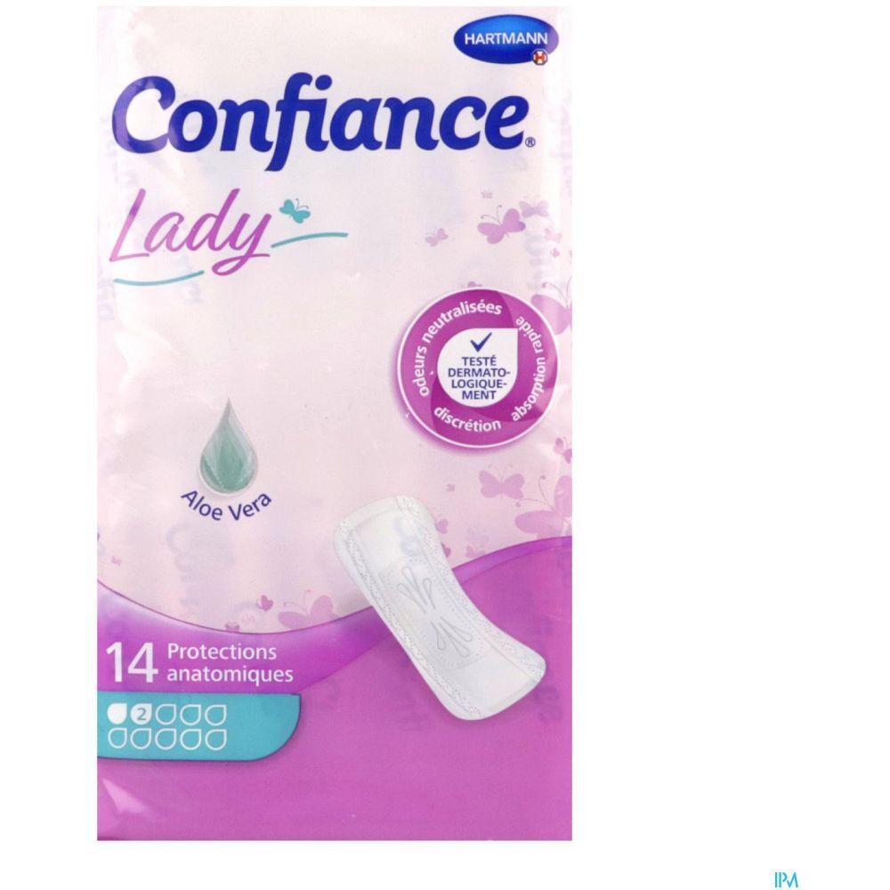 Verpakking Hartmann Confiance Lady Anatomische Bescherming. 14 stuks, Aloe Vera-logo, roze ontwerp.