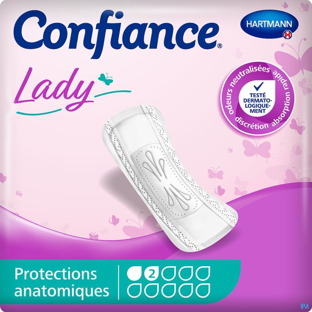 Verpakking Hartmann Confiance Lady Anatomische Bescherming. Roze-wit ontwerp, product afgebeeld.