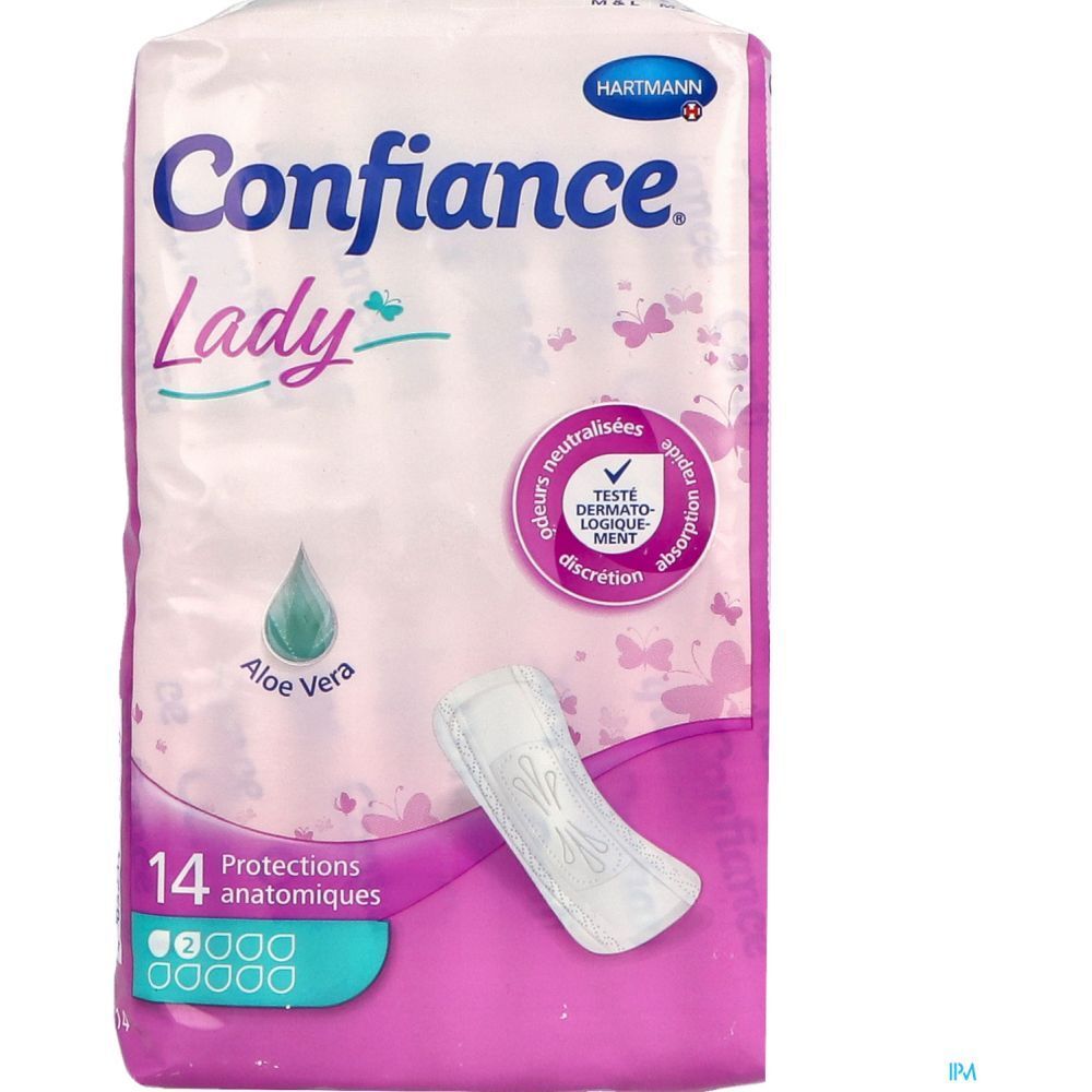 Verpakking Hartmann Confiance Lady Anatomische Bescherming. 14 stuks, Aloe Vera-logo, roze ontwerp.