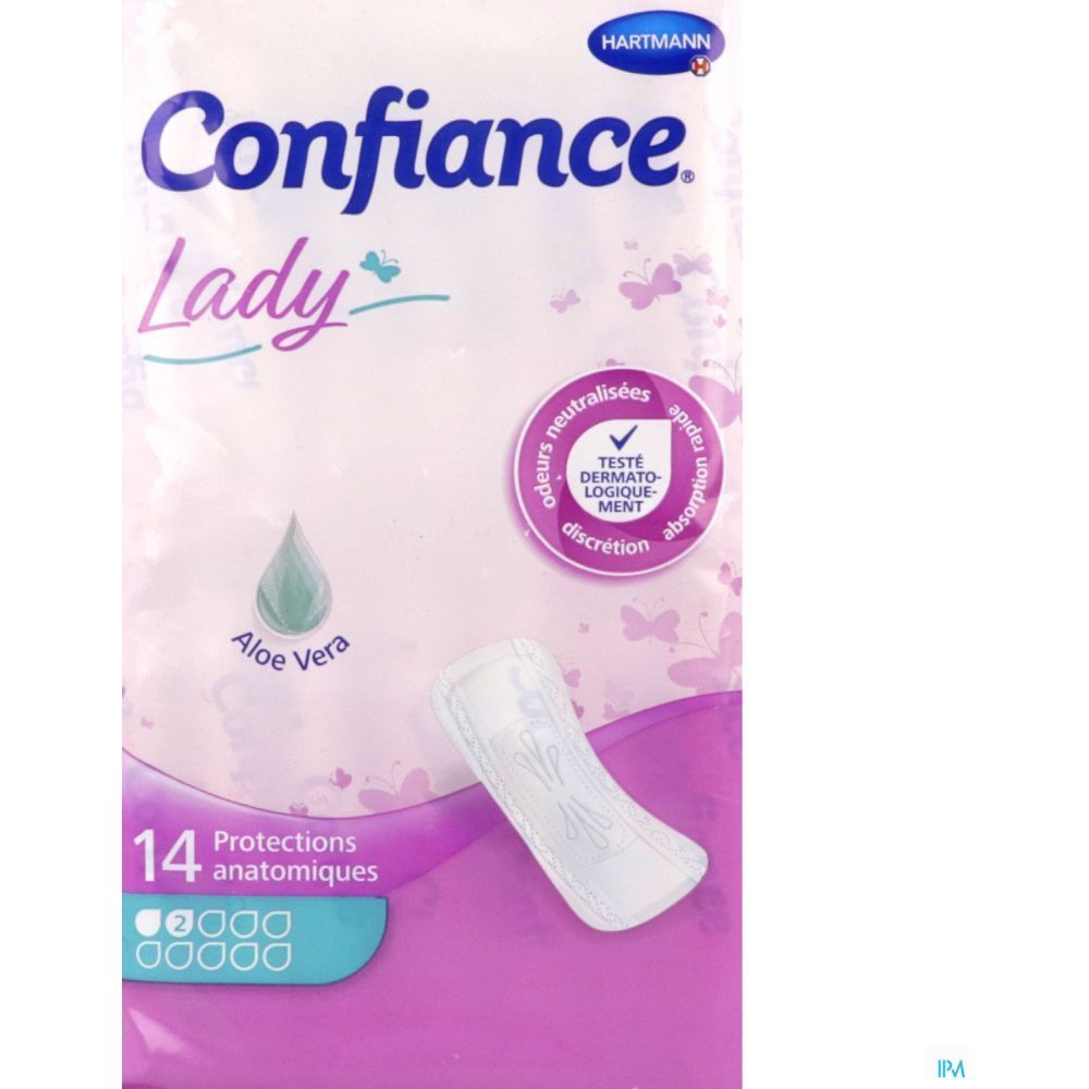 Verpakking Hartmann Confiance Lady Anatomische Bescherming. 14 stuks, Aloe Vera-logo, roze ontwerp.