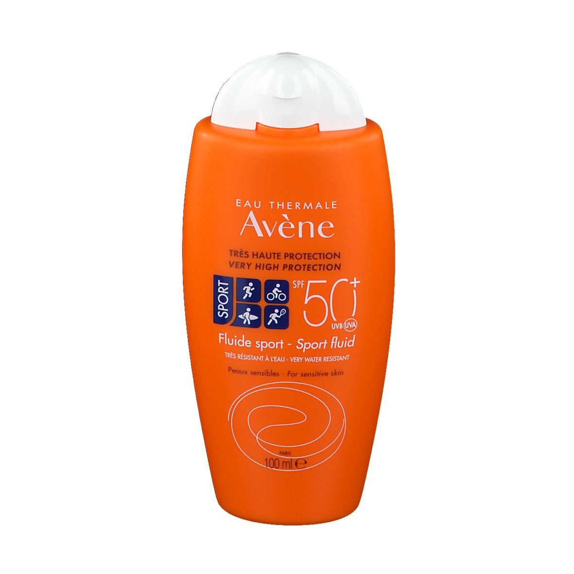 Flacon orange avec bouchon blanc. Inscriptions: Eau Thermale Avène, Sport, SPF 50+. 100 ml.