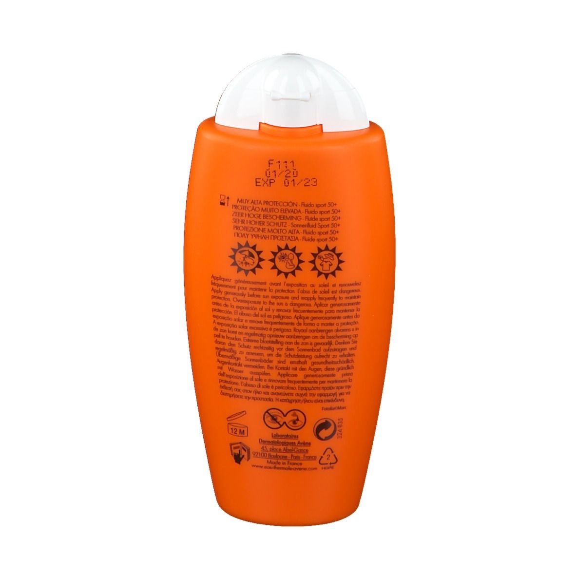 Dos d'un flacon orange. Texte et logos. Expiration 01/23. Symbole 12M.