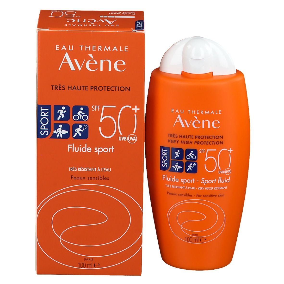 Emballage et flacon. Emballage et flacon orange. Inscriptions: Eau Thermale Avène, SPF 50+.