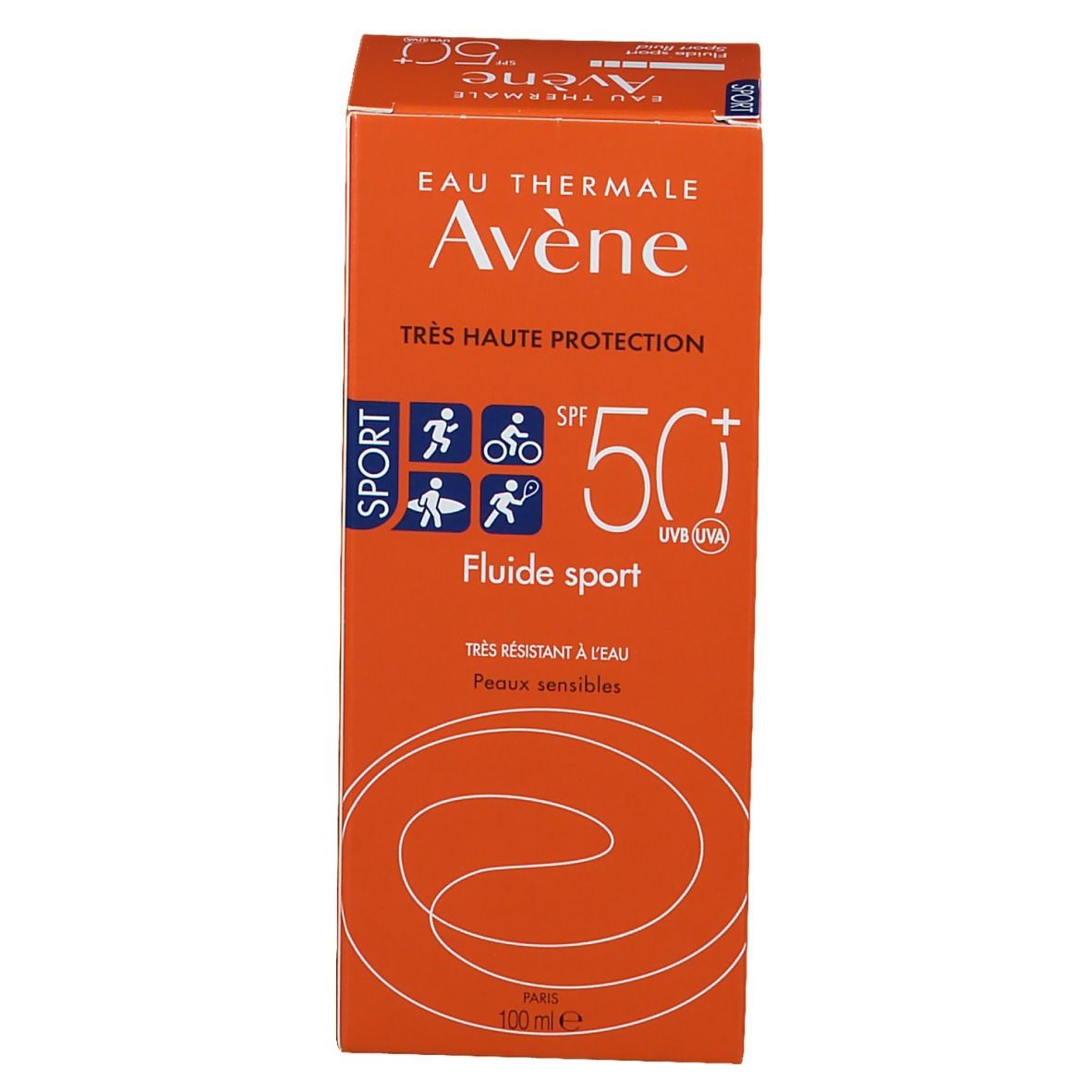 Emballage orange. Inscriptions: Eau Thermale Avène, Sport, SPF 50+. 100 ml. Texte et logos.