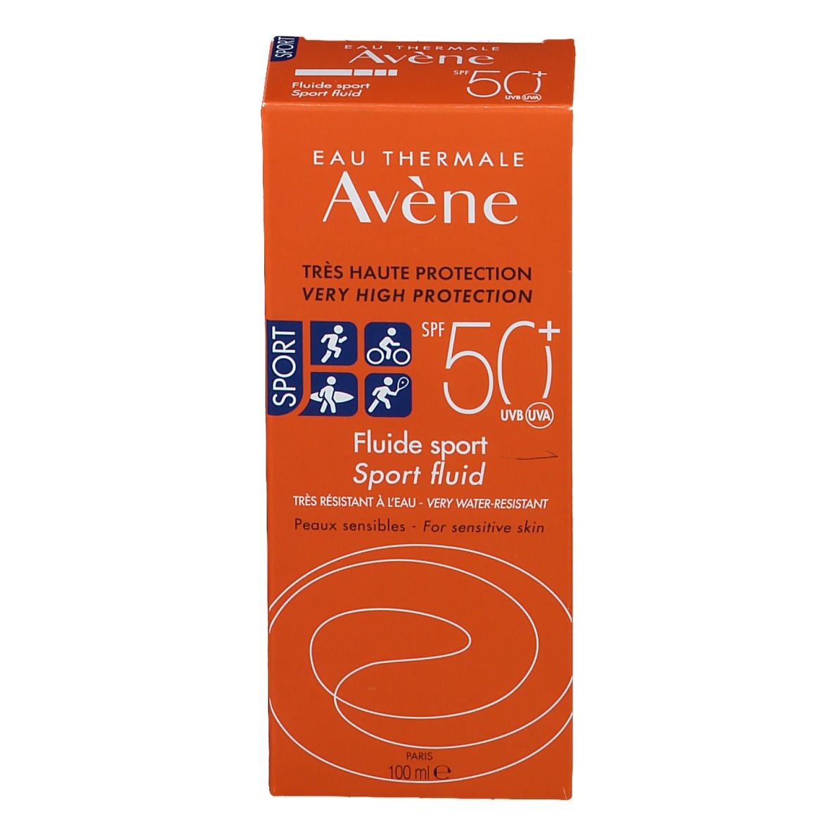 Emballage du produit. Inscriptions: Eau Thermale Avène, Sport, SPF 50+. 100 ml. Texte et logos.
