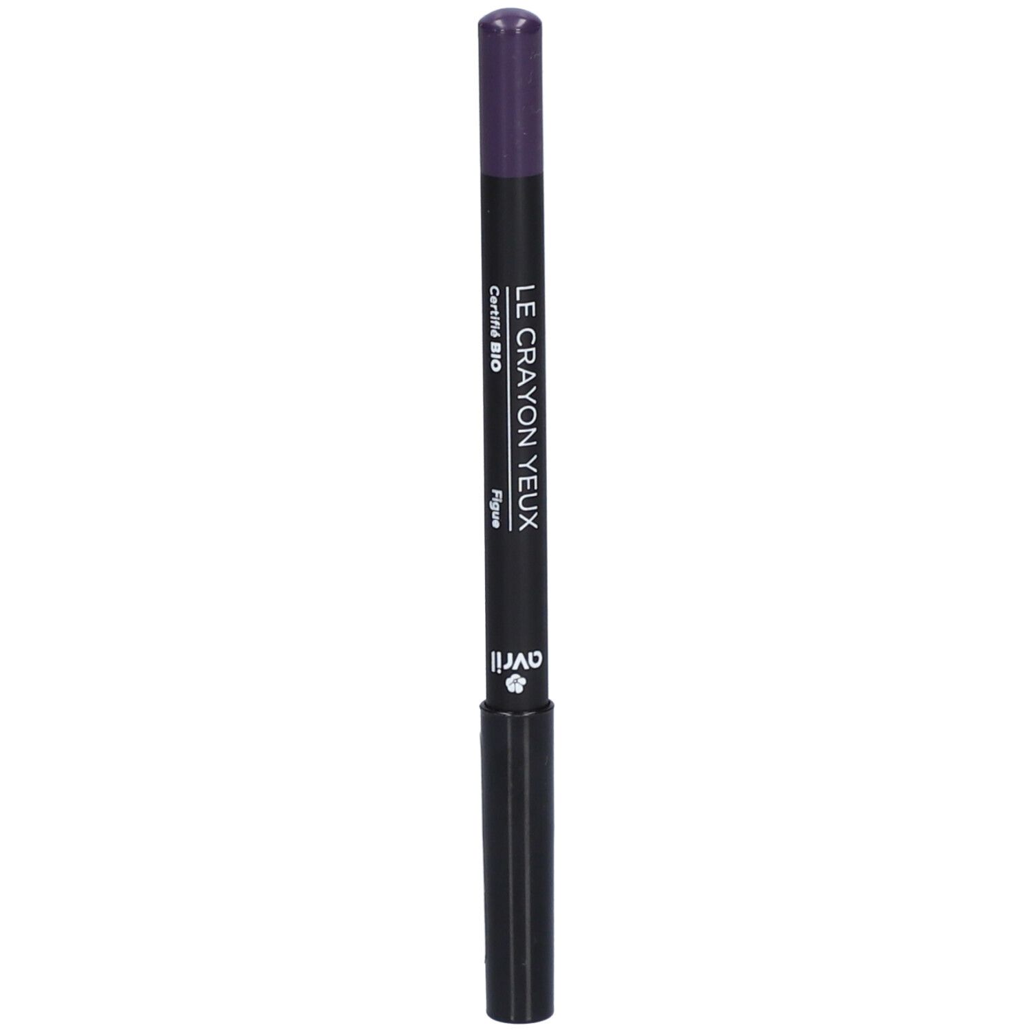 Crayon pour les yeux violet foncé. Inscription: Le Crayon Yeux, Certifié Bio, Avril. Crayon noir avec pointe violette.