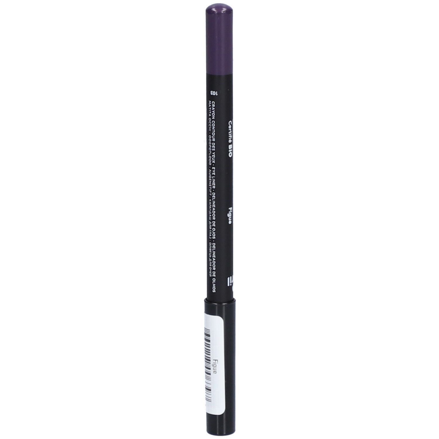 Crayon pour les yeux violet foncé. Inscription: Le Crayon Yeux, Certifié Bio, Avril. Crayon noir avec pointe violette. Code-barres.