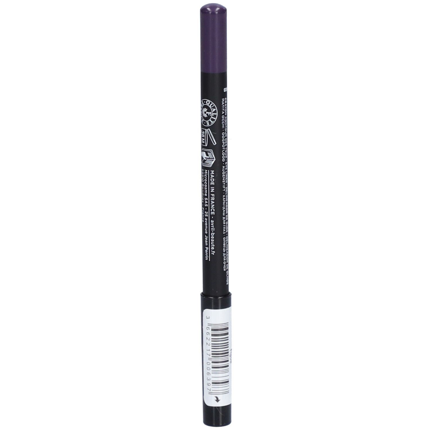 Crayon pour les yeux violet foncé. Inscription: Le Crayon Yeux, Certifié Bio, Avril. Crayon noir avec pointe violette. Texte et logos.