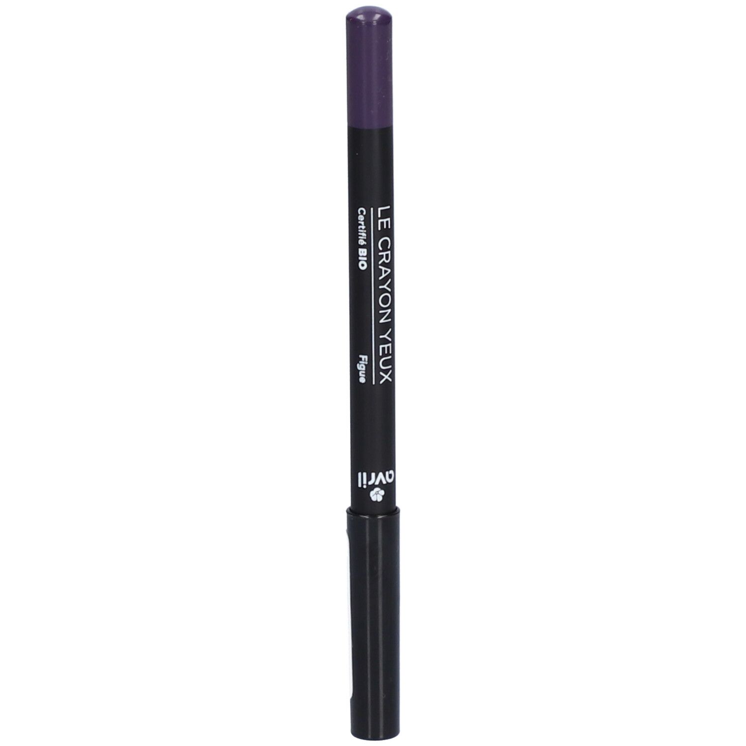 Crayon pour les yeux violet foncé. Inscription: Le Crayon Yeux, Certifié Bio, Avril. Crayon noir avec pointe violette.