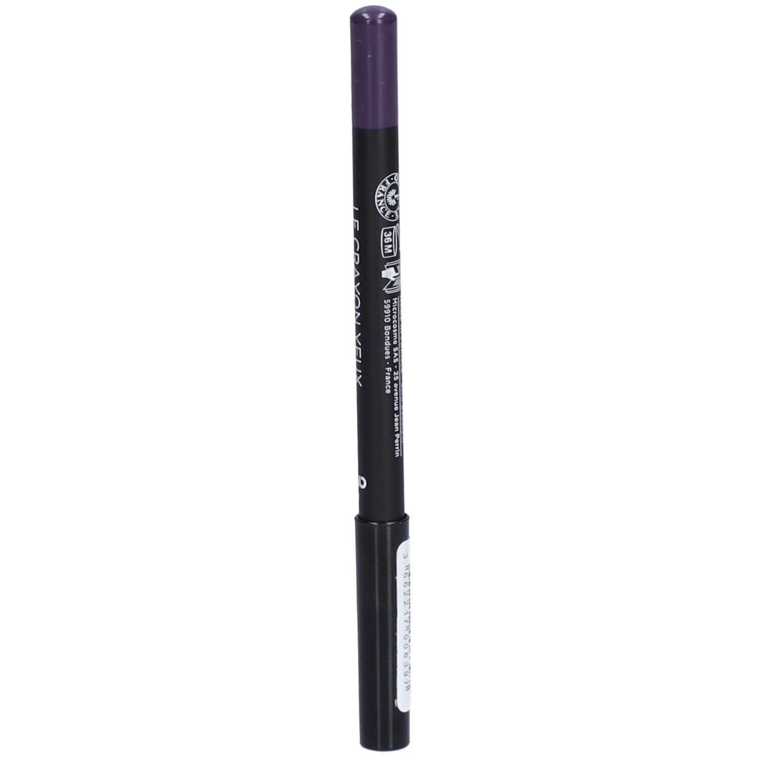 Crayon pour les yeux violet foncé. Inscription: Le Crayon Yeux, Certifié Bio, Avril. Crayon noir avec pointe violette. Texte et logos.