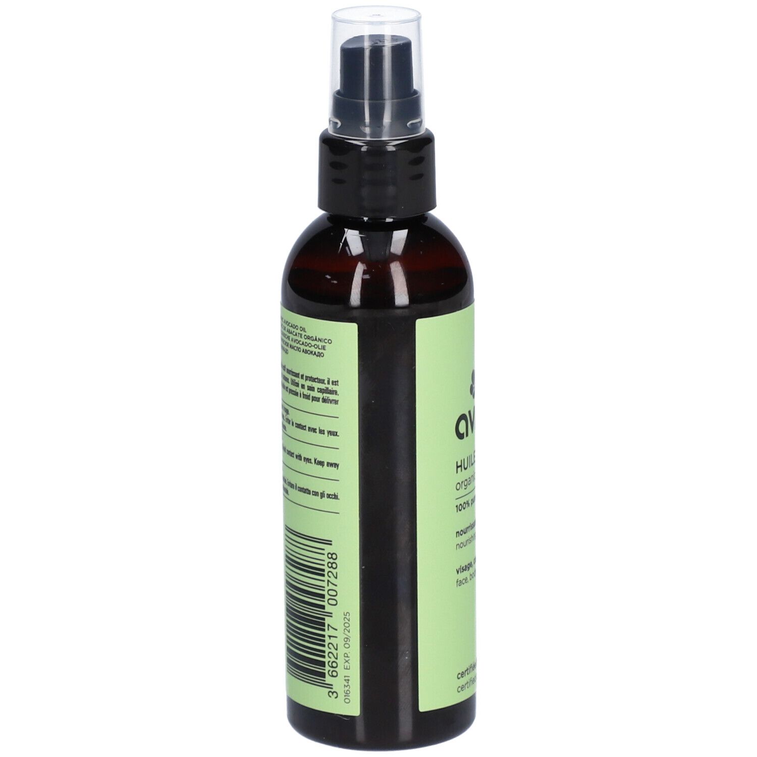 Achterkant van bruine sprayfles met groen etiket. Franse tekst. Streepjescode en houdbaarheidsdatum.