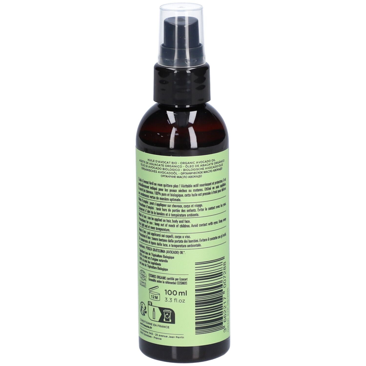 Achterkant van bruine sprayfles met groen etiket. Meertalige tekst. Certificeringen en informatie.