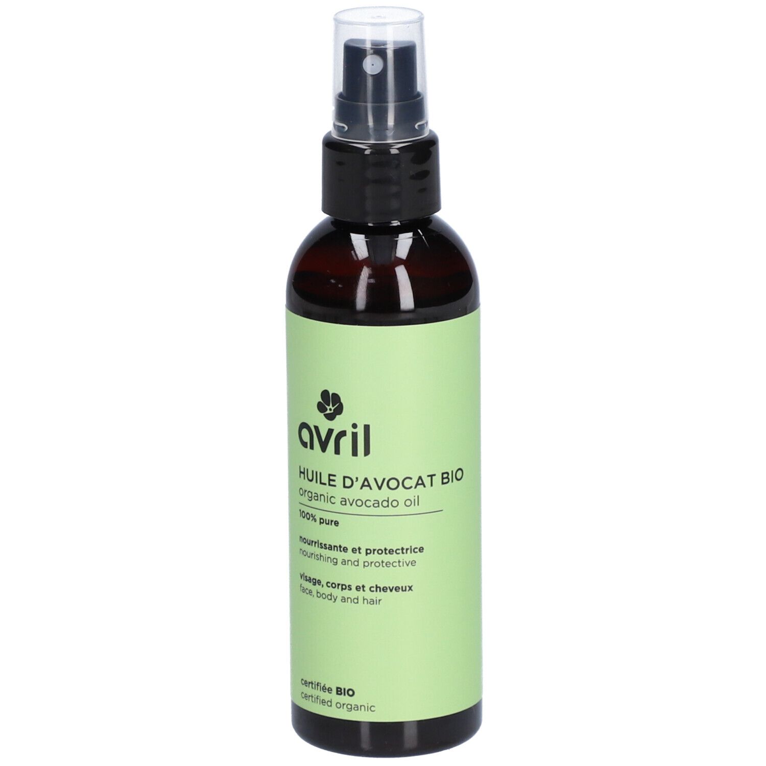 Bruine sprayfles met groen etiket. Opschrift: Avril, Huile d'avocat bio, 100% pure. Gecertificeerd Bio.