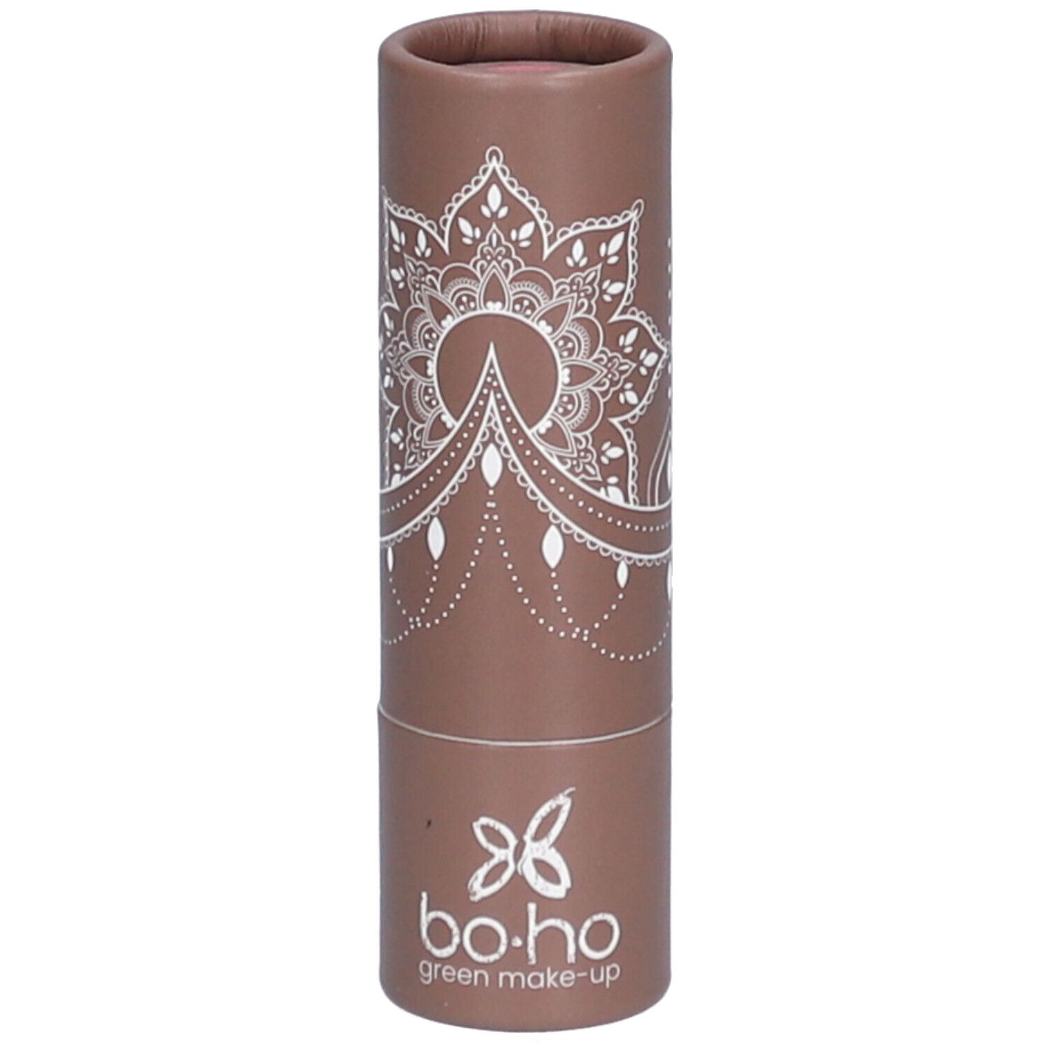 Bruine lippenstiftverpakking met wit mandala-patroon en logo. Merk: bo-ho green make-up.