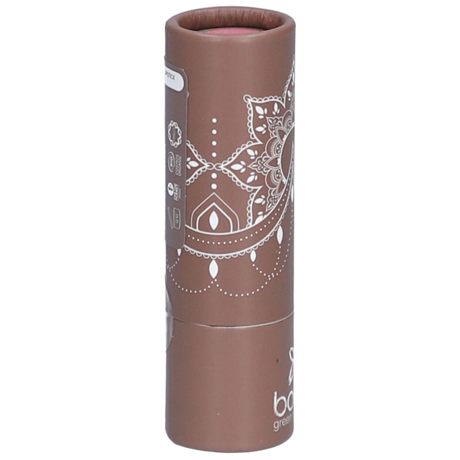 Bruine lippenstiftverpakking met wit mandala-patroon en productinformatie. Merk: bo-ho green make-up.