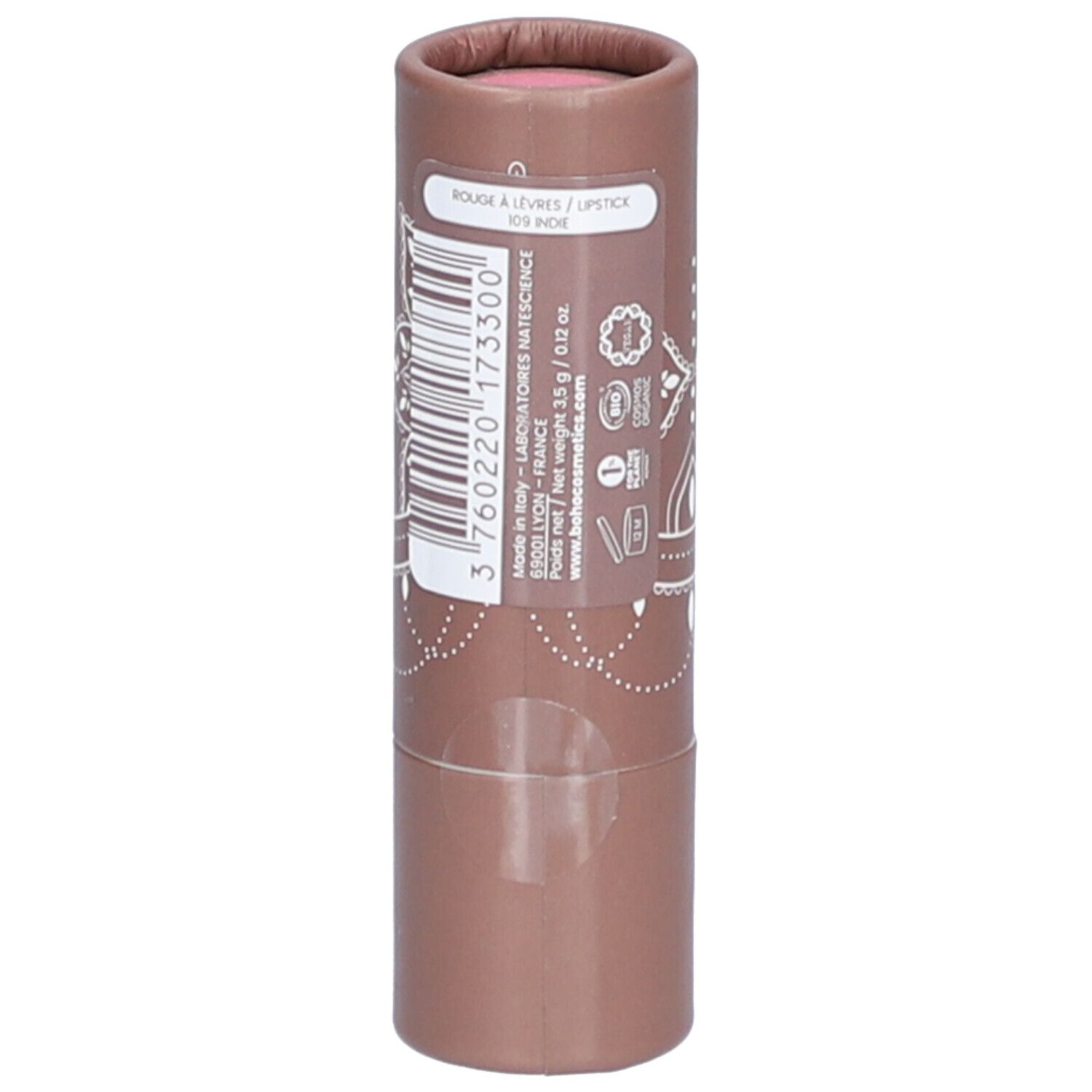 Bruine lippenstiftverpakking met wit mandala-patroon en productinformatie. Merk: bo-ho green make-up.