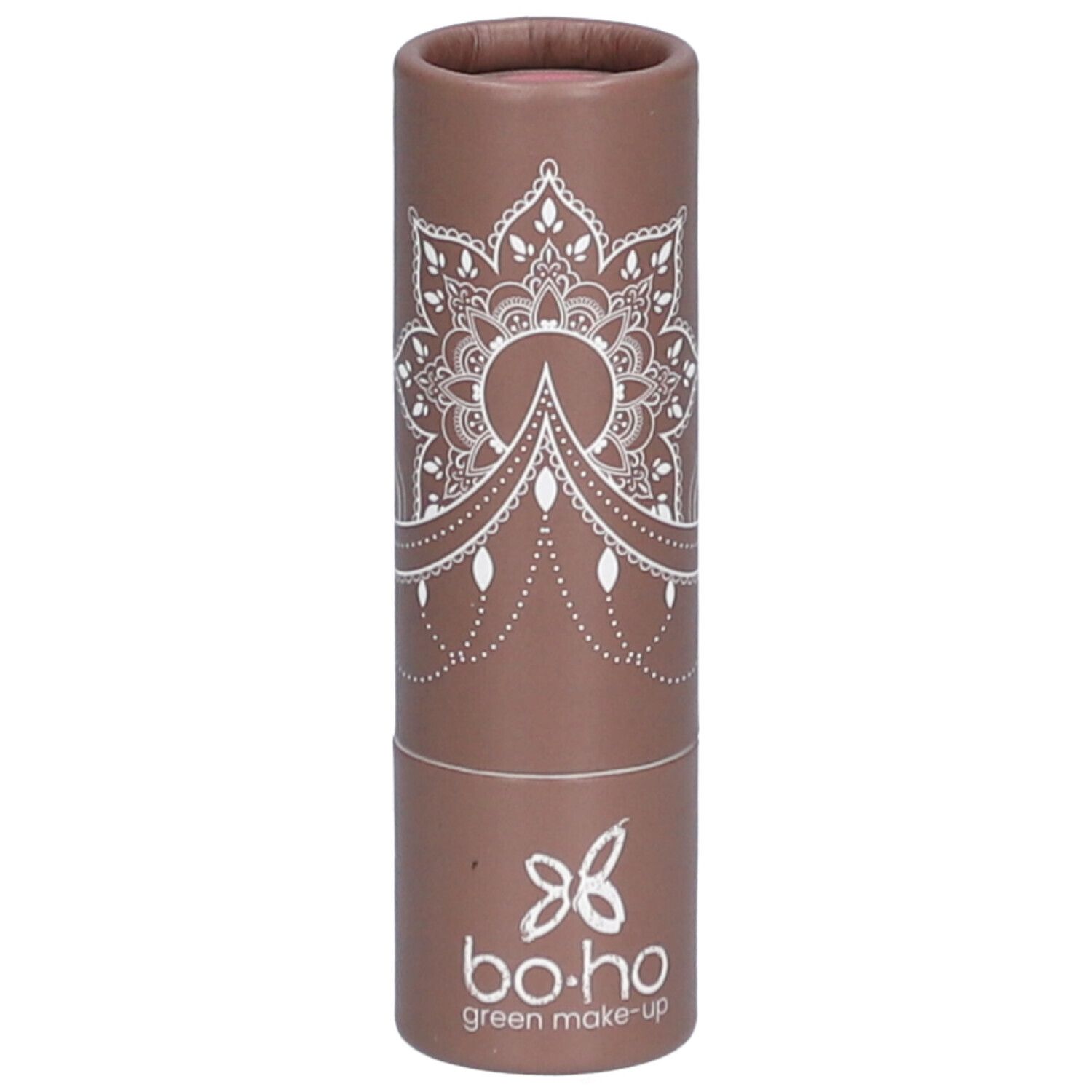 Bruine lippenstiftverpakking met wit mandala-patroon en logo. Merk: bo-ho green make-up.