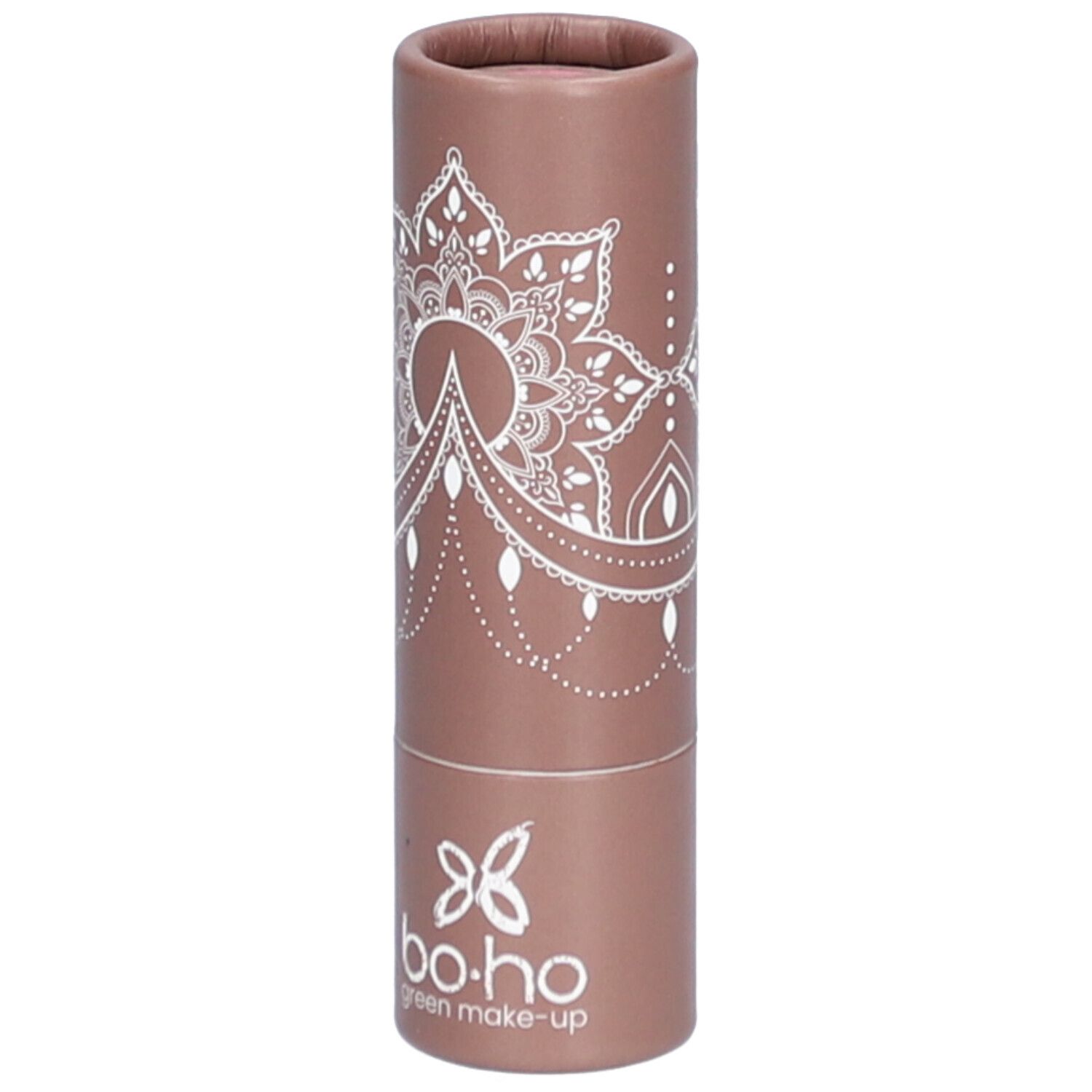 Bruine lippenstiftverpakking met wit mandala-patroon en logo. Merk: bo-ho green make-up.