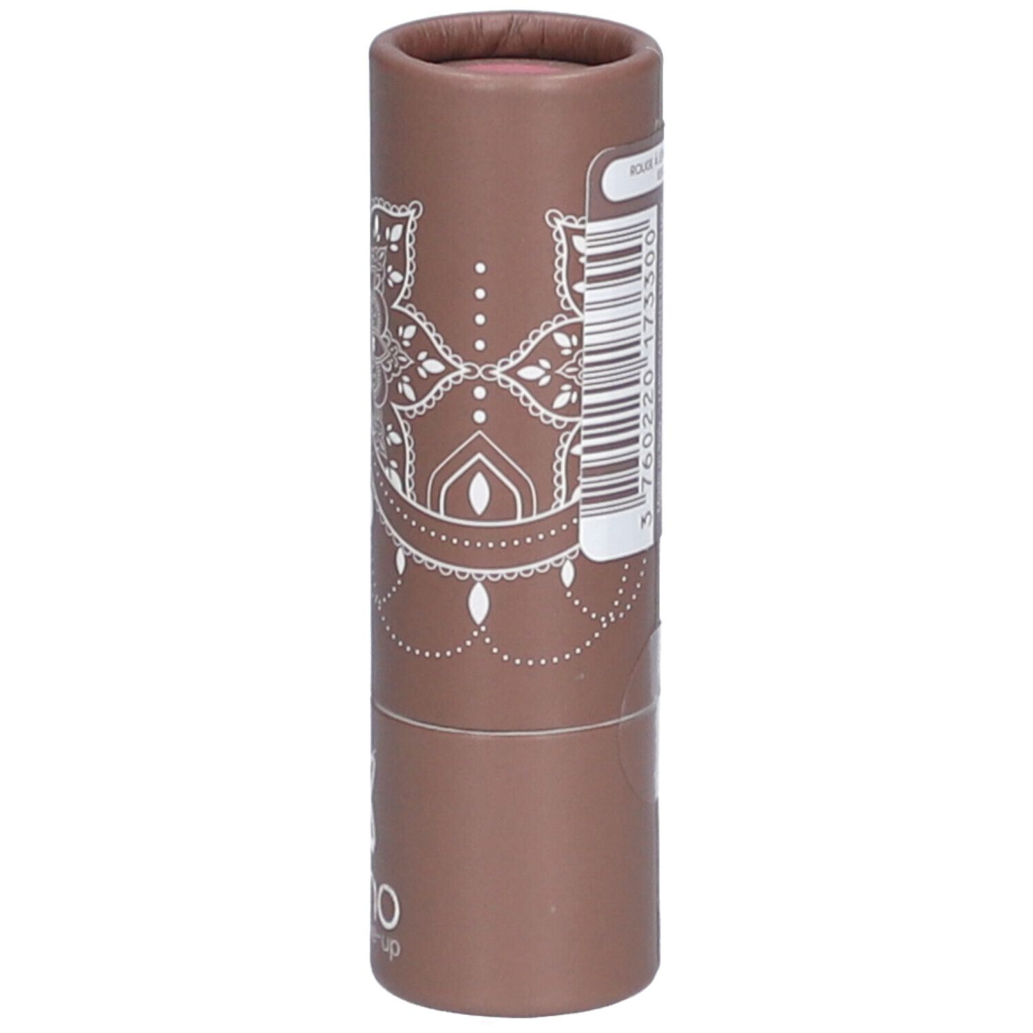 Bruine lippenstiftverpakking met wit mandala-patroon en productinformatie. Merk: bo-ho green make-up.