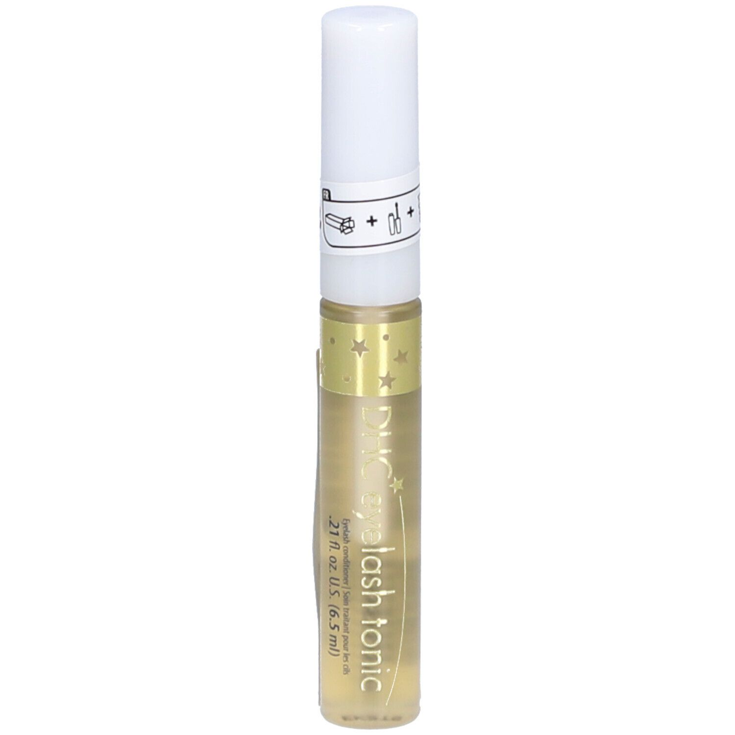 Transparante fles met witte dop. Opschrift: eyelash tonic. Bevat een vloeistof. Versierd met sterren.