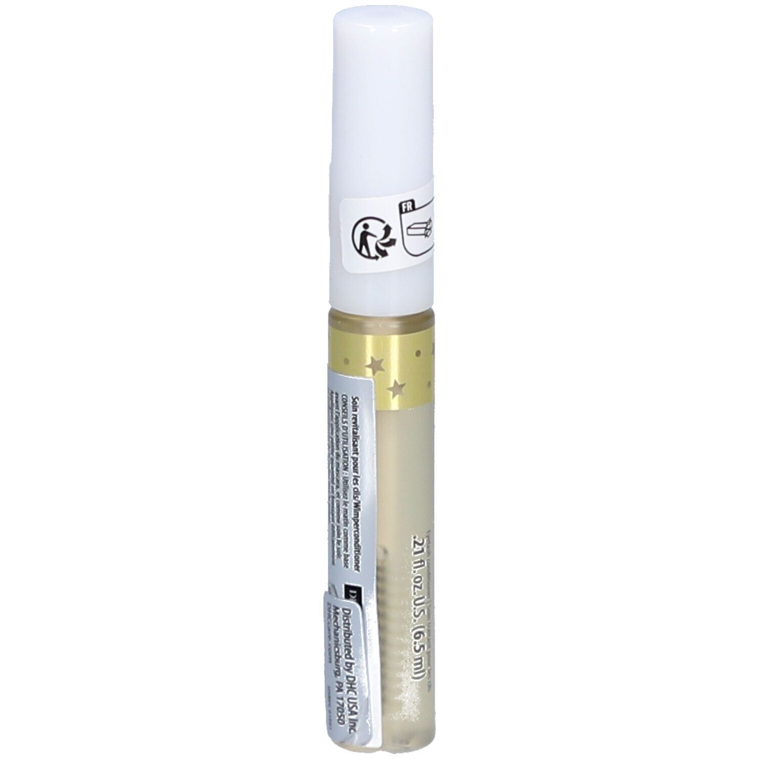 Transparante fles met witte dop. Opschrift: eyelash tonic. Bevat een vloeistof. Versierd met sterren.