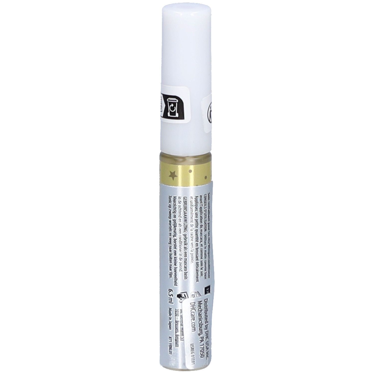 Transparante fles met witte dop. Opschrift: eyelash tonic. Bevat een vloeistof. Versierd met sterren.