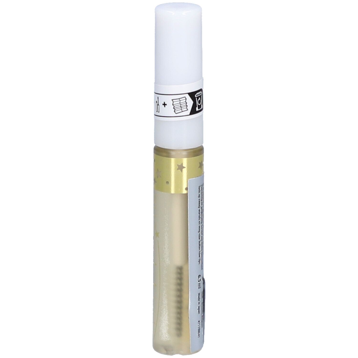 Transparante fles met witte dop. Opschrift: eyelash tonic. Bevat een vloeistof. Versierd met sterren.