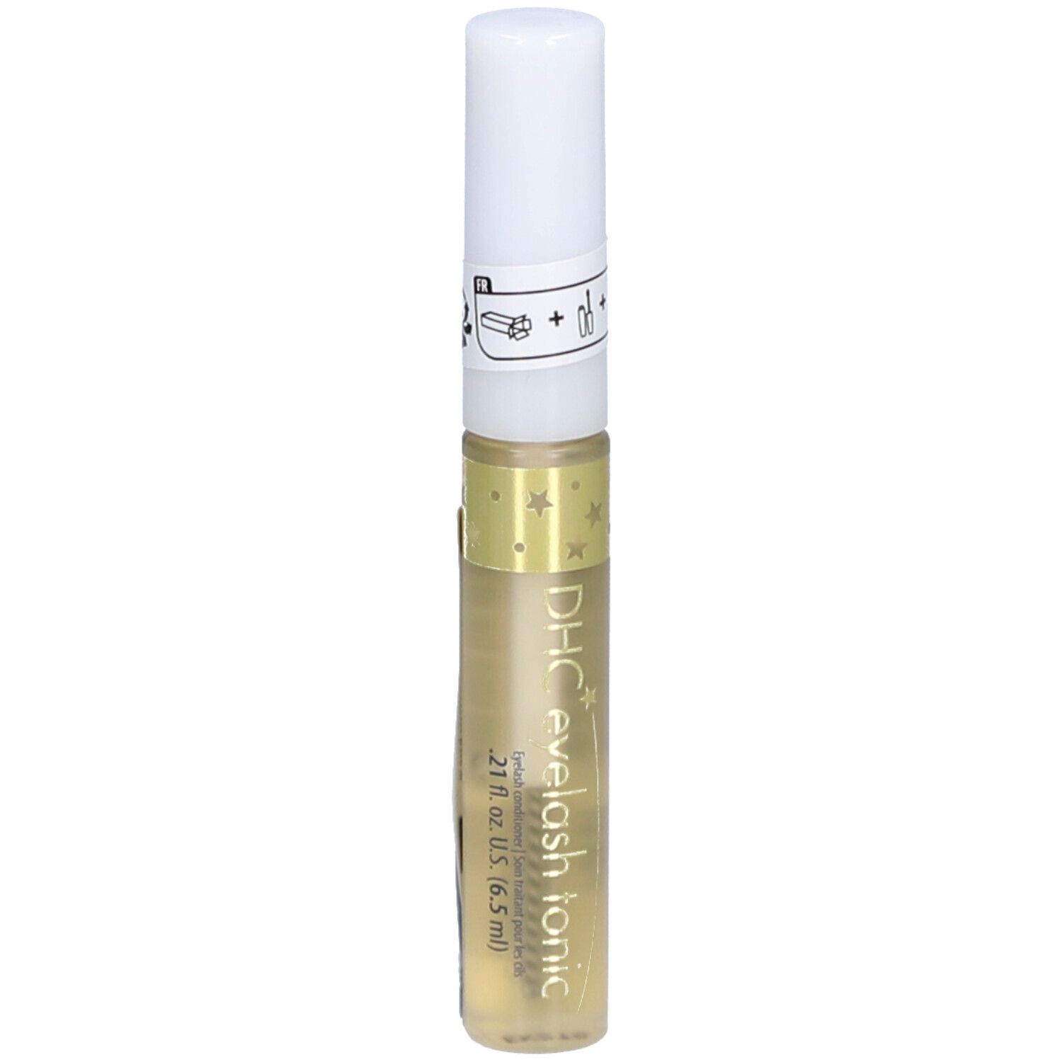 Transparante fles met witte dop. Opschrift: DHC eyelash tonic. Bevat een vloeistof. Versierd met sterren.