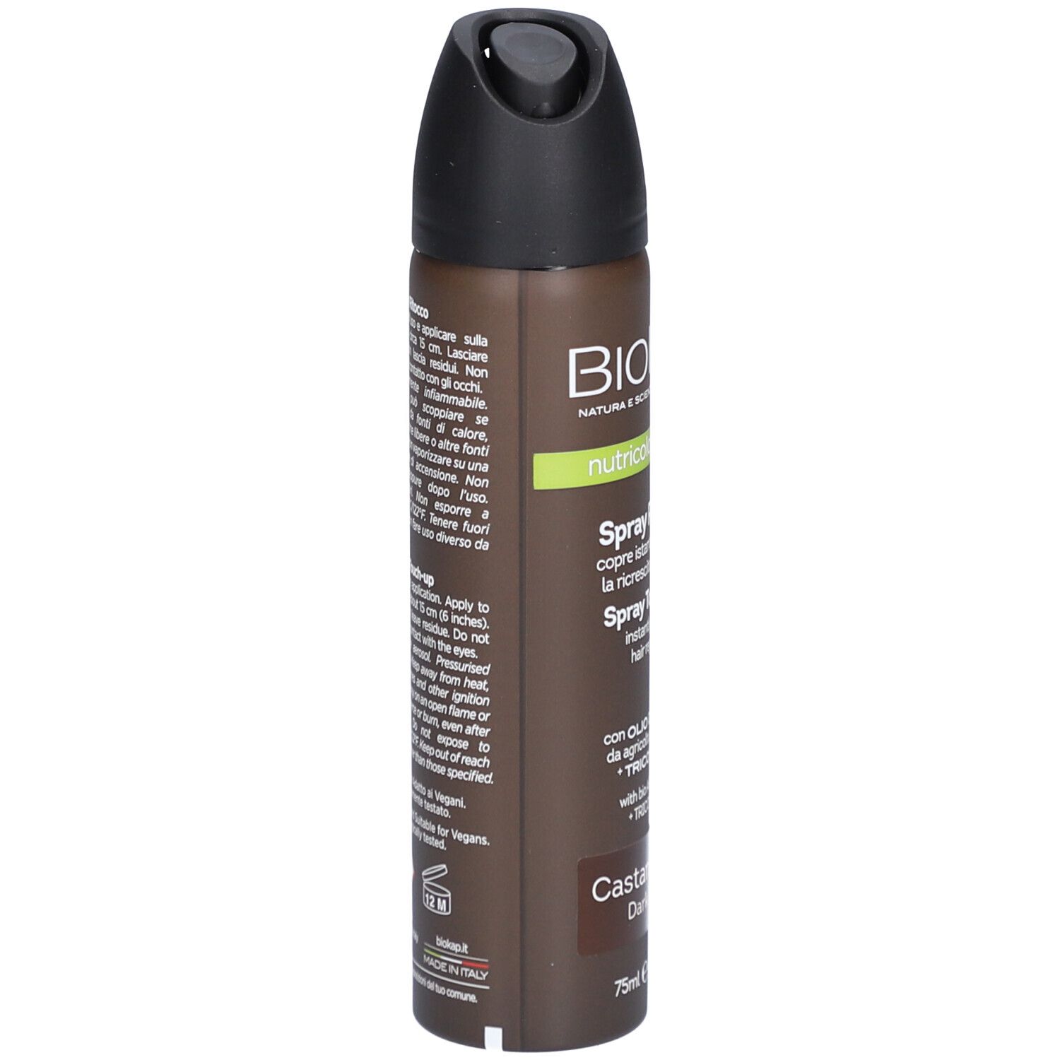 Biokap Spray Retouche Brun Foncé. La bouteille de spray marron a un bouchon noir. Le nom du produit, les ingrédients et les instructions d'utilisation sont indiqués sur la bouteille. La bouteille contient 75 ml.