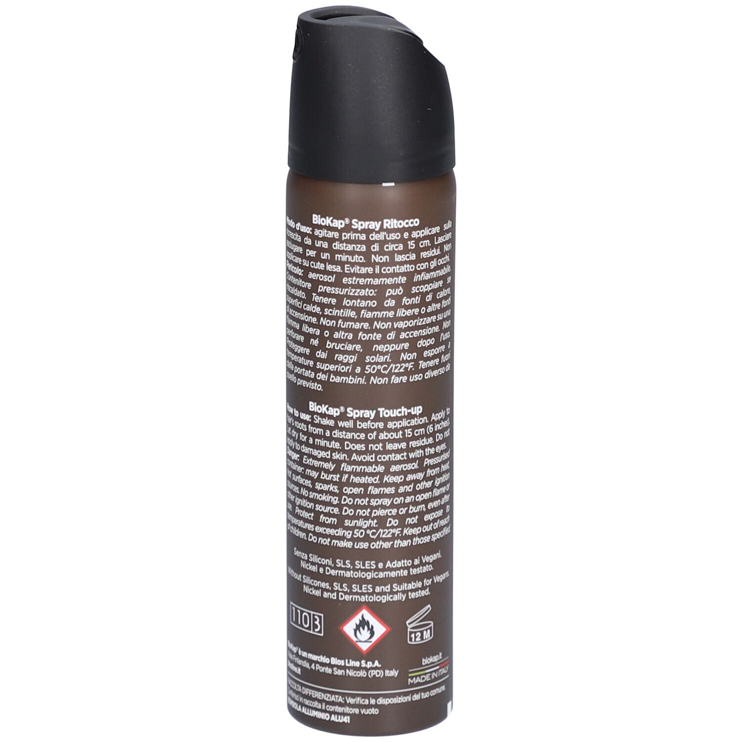 Biokap Spray Retouche Brun Foncé. La bouteille de spray marron a un bouchon noir. Le nom du produit, les ingrédients et les instructions d'utilisation sont indiqués sur la bouteille. La bouteille contient 75 ml.