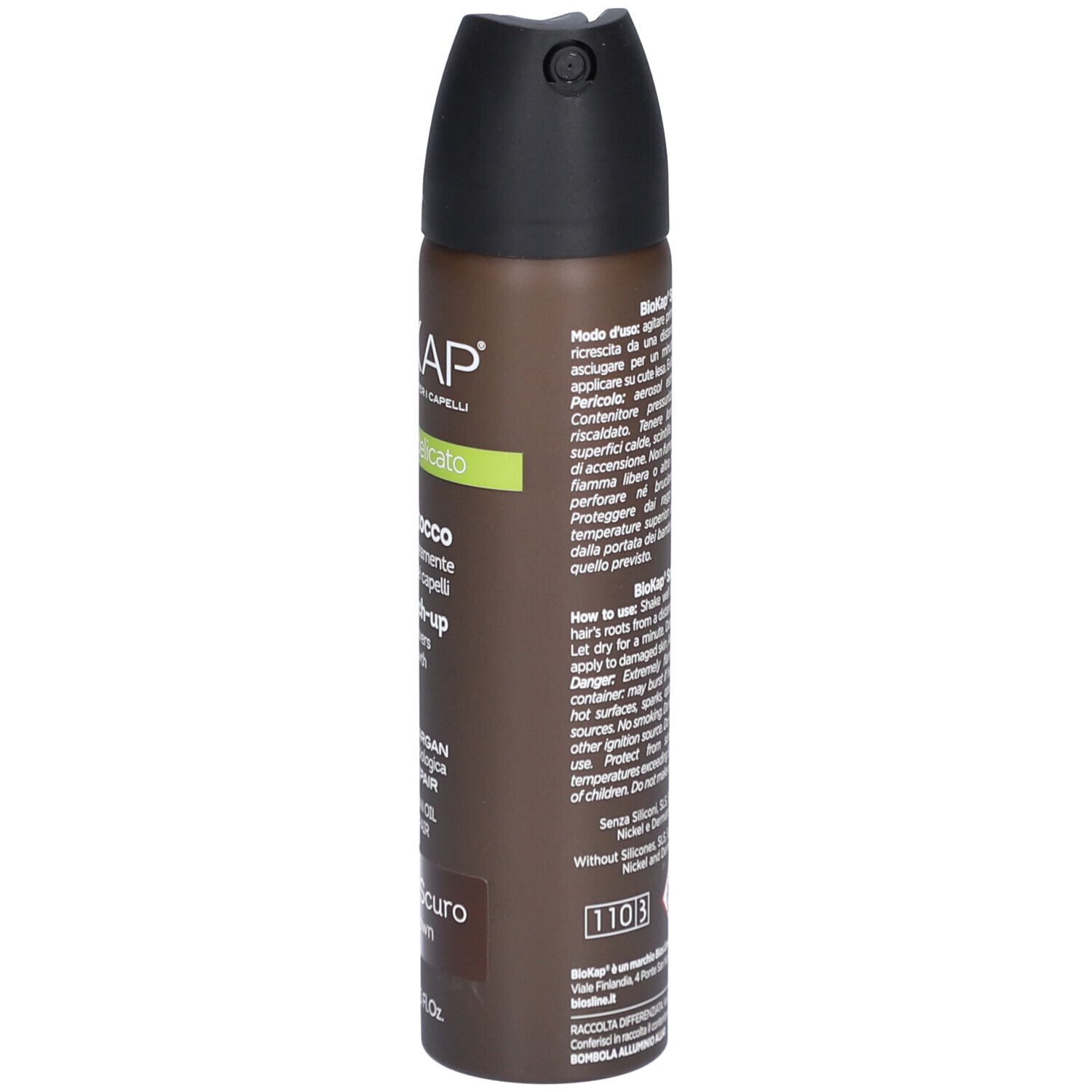 Biokap Spray Retouche Brun Foncé. La bouteille de spray marron a un bouchon noir. Le nom du produit, les ingrédients et les instructions d'utilisation sont indiqués sur la bouteille. La bouteille contient 75 ml.
