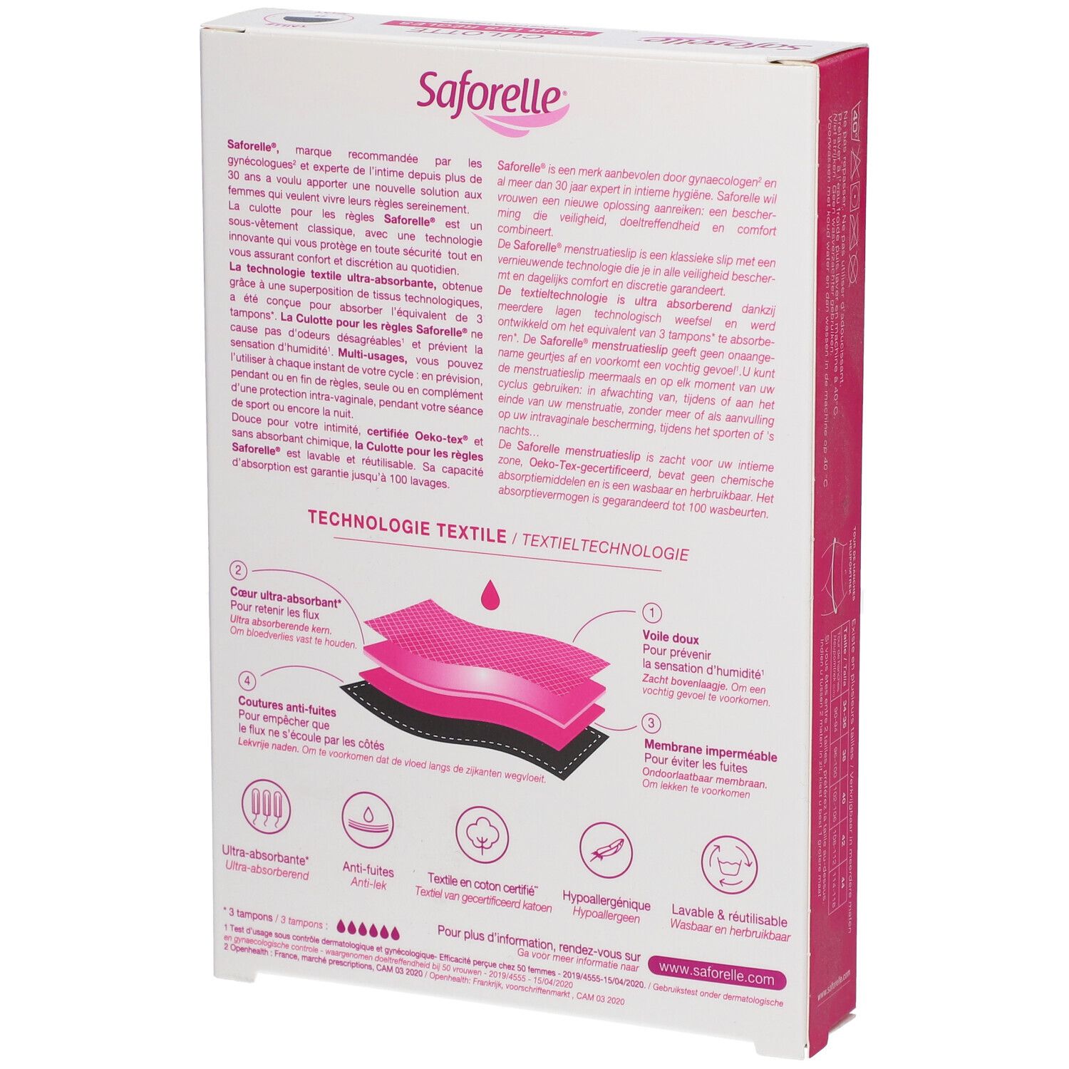 Dos de la boîte Saforelle Culotte Ultra Absorbante. Texte et caractéristiques.