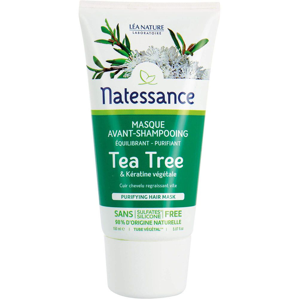 Tube met groen-wit etiket. Opschrift: Natessance, Tea Tree, Masker. Plantenillustratie.