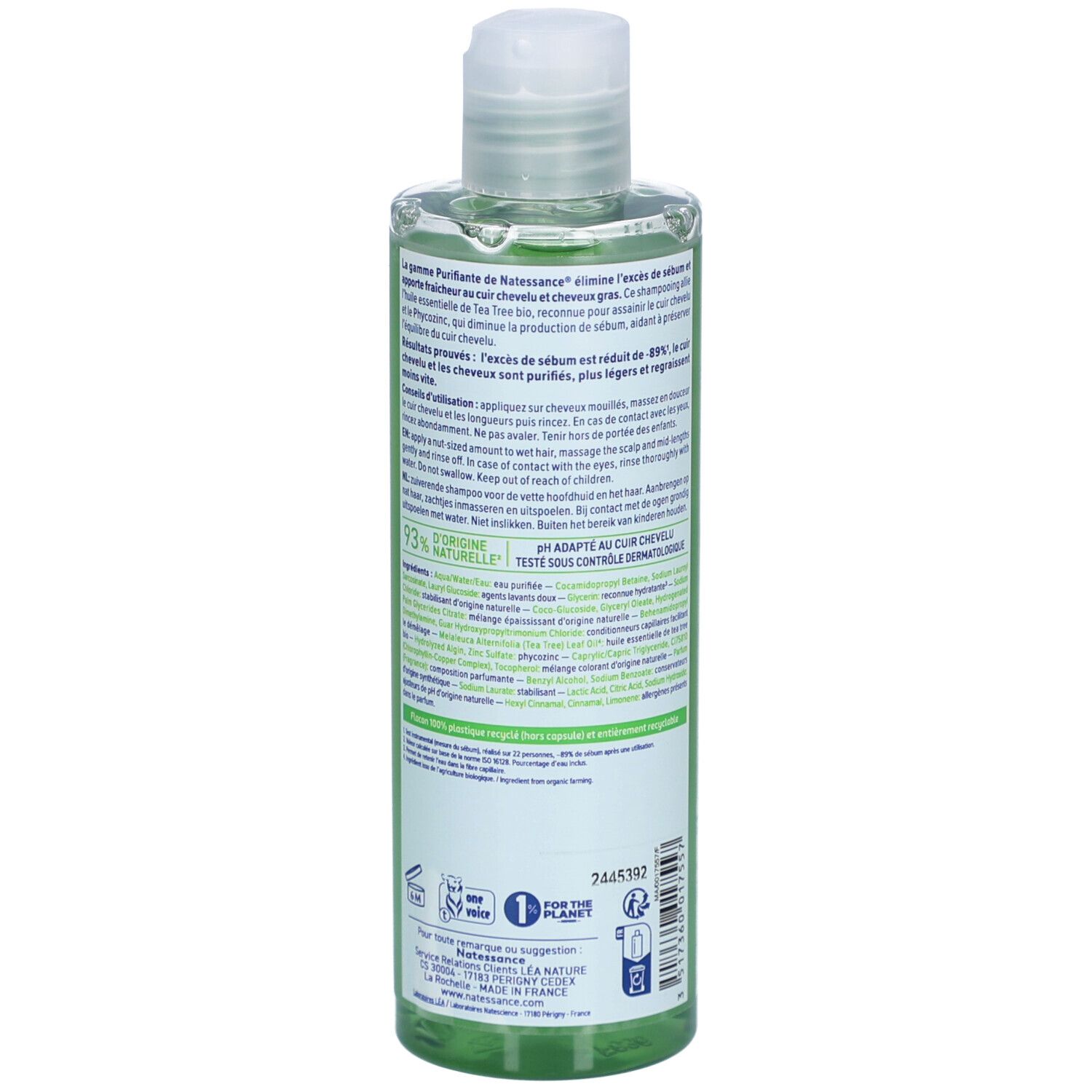 Dos du flacon de shampooing vert. Texte: utilisation, ingrédients, 93% d'ingrédients naturels. Logo: 1 for the planet.