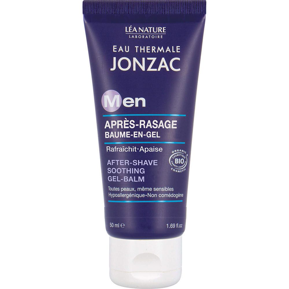 Blauwe tube met witte dop. Tekst: Jonzac Men Après-Rasage. Bio-certificering. 50 ml.