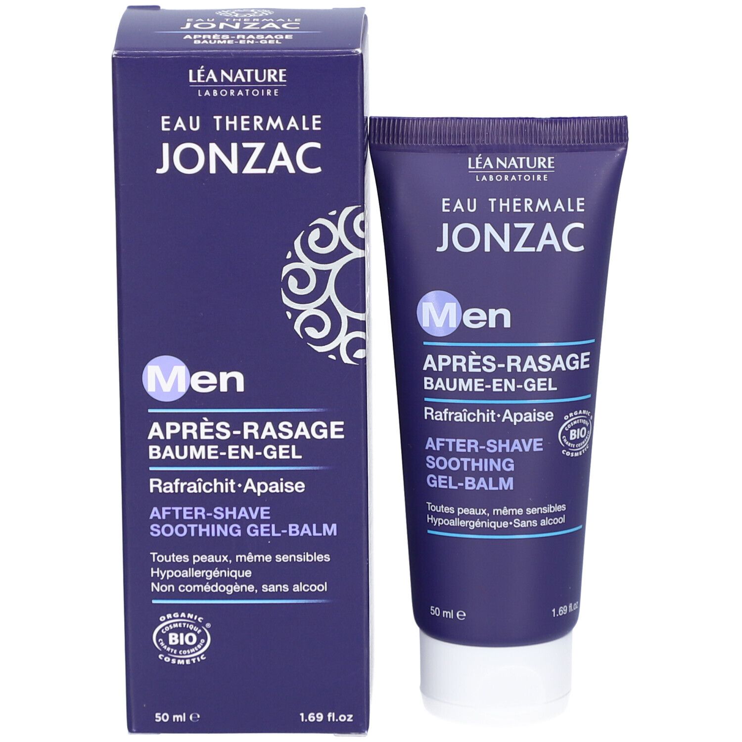 Productverpakking, tube en doos naast elkaar. Blauwe kleur, witte achtergrond.