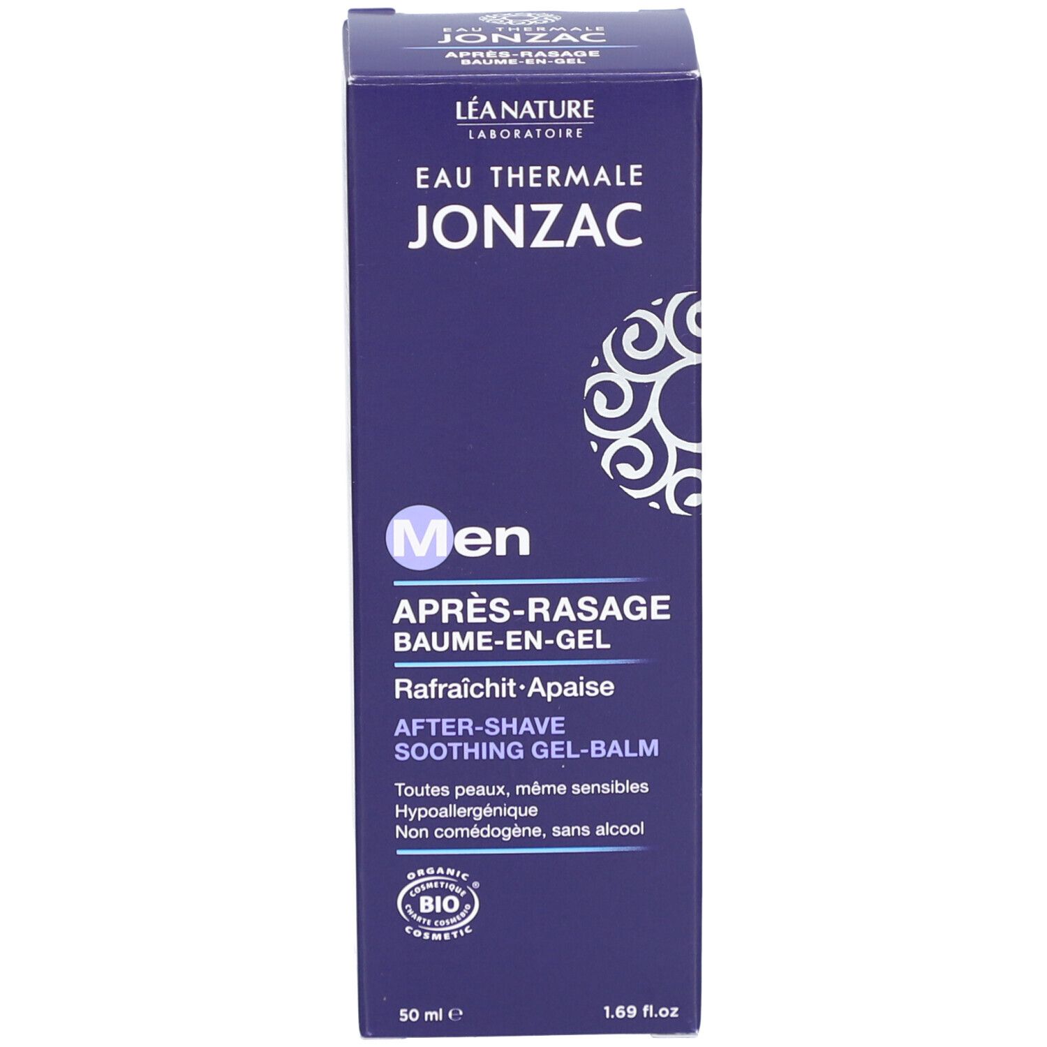 Doos met tekst: Jonzac Men Après-Rasage. Bio-certificering. Blauwe kleur met witte versieringen.