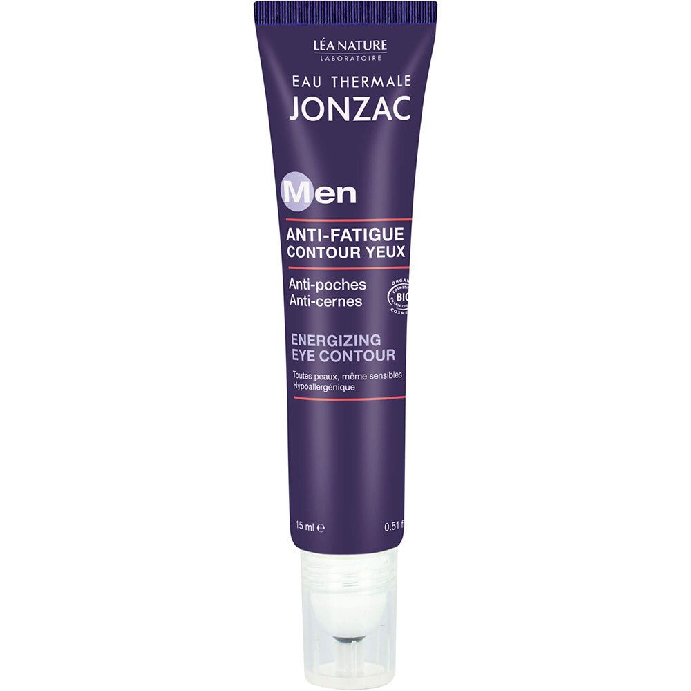 Tube bleu-violet avec applicateur blanc. Texte: Jonzac, Men, Anti-Fatigue Contour Yeux, Anti-poches, Anti-cernes. Label Bio.